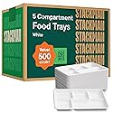 [Case - 500-Pack] 100% Compostable Paper Plates with 5 Compartments Disposable - School Lunch Tray Natural White - Heavy Duty Quality Disposable Tray