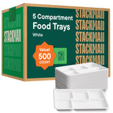 [Case - 500-Pack] 100% Compostable Paper Plates with 5 Compartments Disposable - School Lunch Tray Natural White - Heavy Duty Quality Disposable Tray