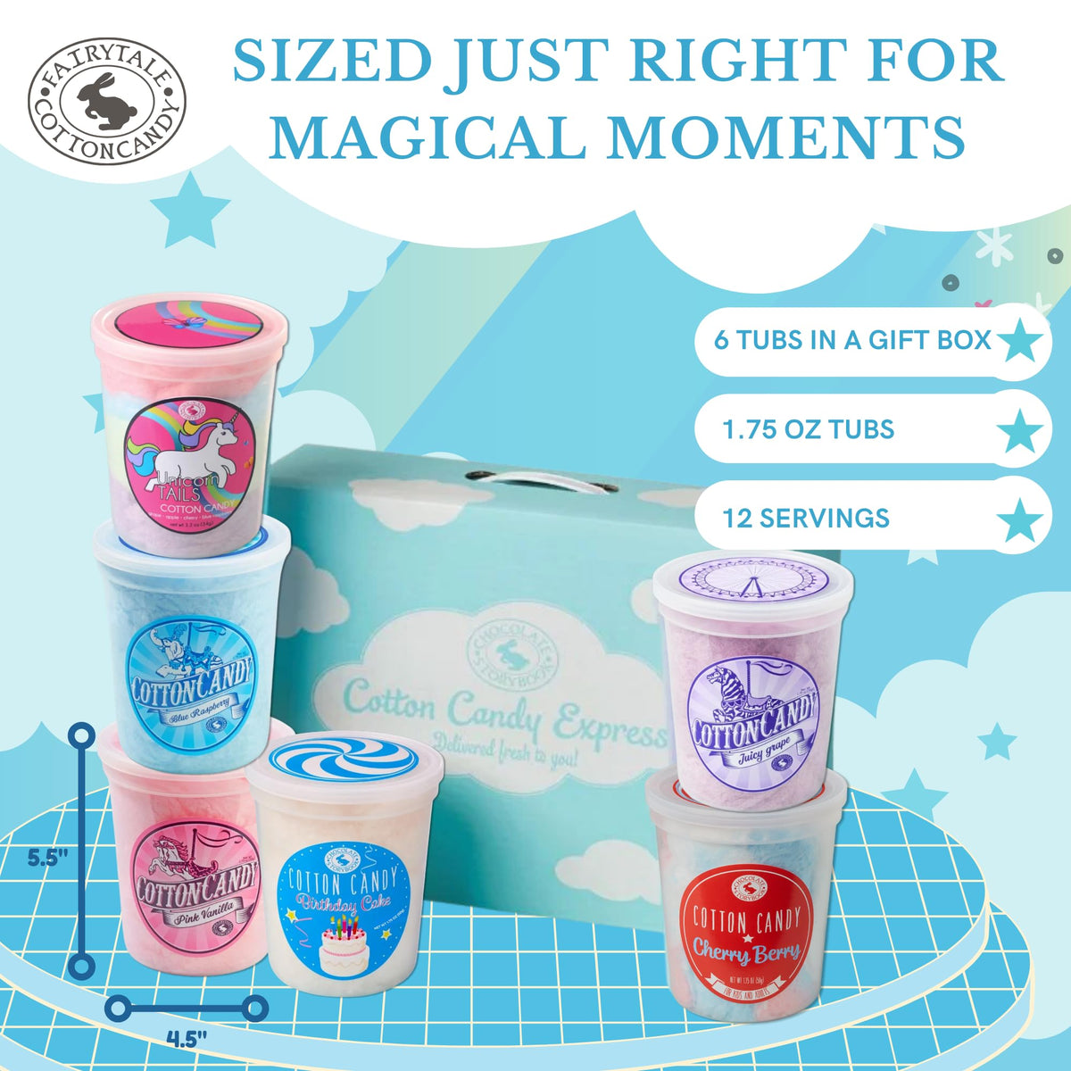 CHOCOLATE STORYBOOK Cotton Candy, Gift Box - Unicorn Tails, Blue Raspberry, Classic Pink, Birthday Cake, Grape, Cherry Berry - (Variety, 6-Pack)