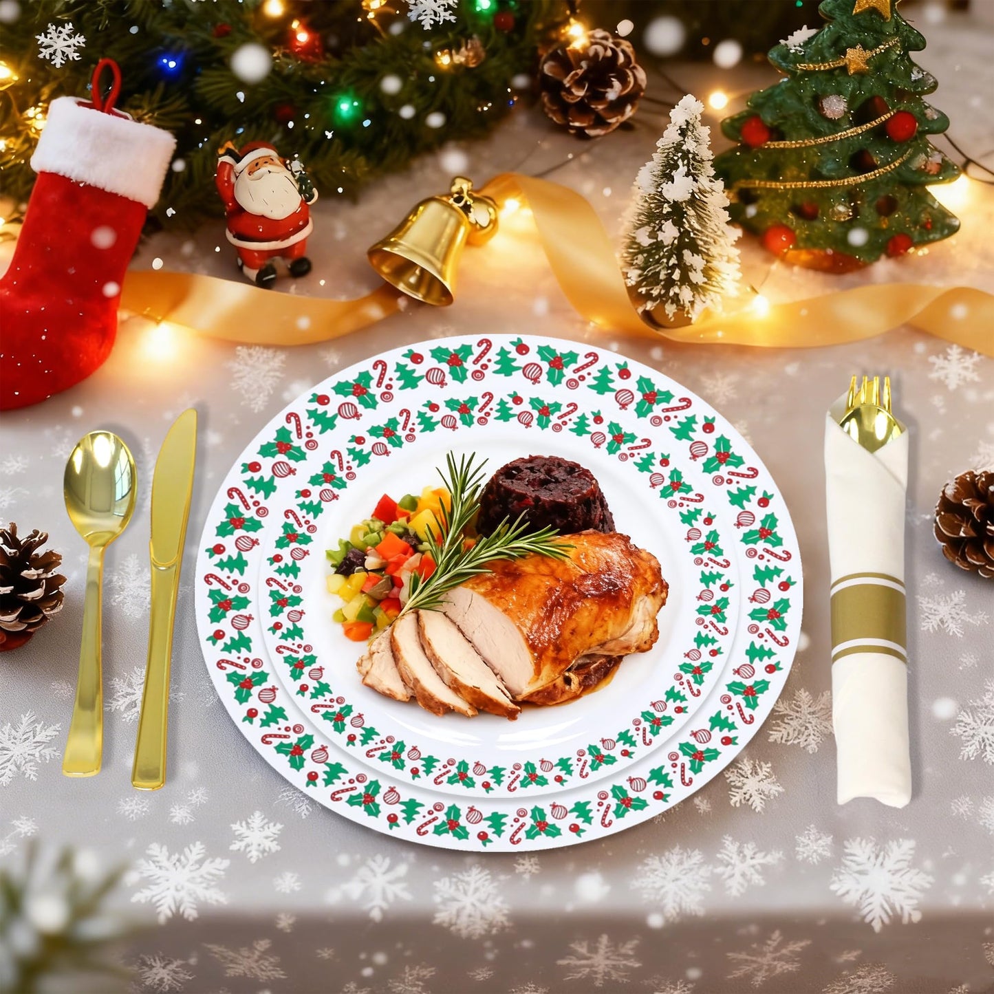 350pcs Christmas Disposable Plates & Cutlery Set - Plastic Plates, Tree Design, Gold Disposable Silverware, Clear Gold Cups for Holiday Celebrations