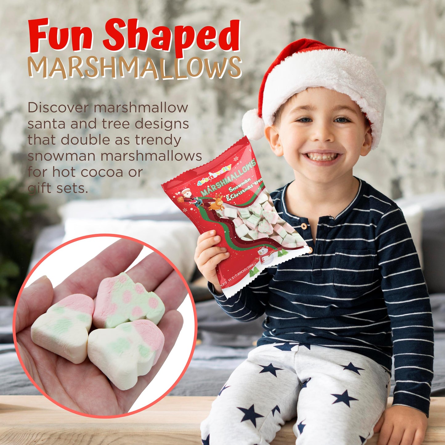 4E's Novelty Sweet Christmas Marshmallow Soft Candy Treats 65pcs (200gram) Bulk Snowman & Santas Shapes, Christmas Candy Stocking Stuffers Snacks