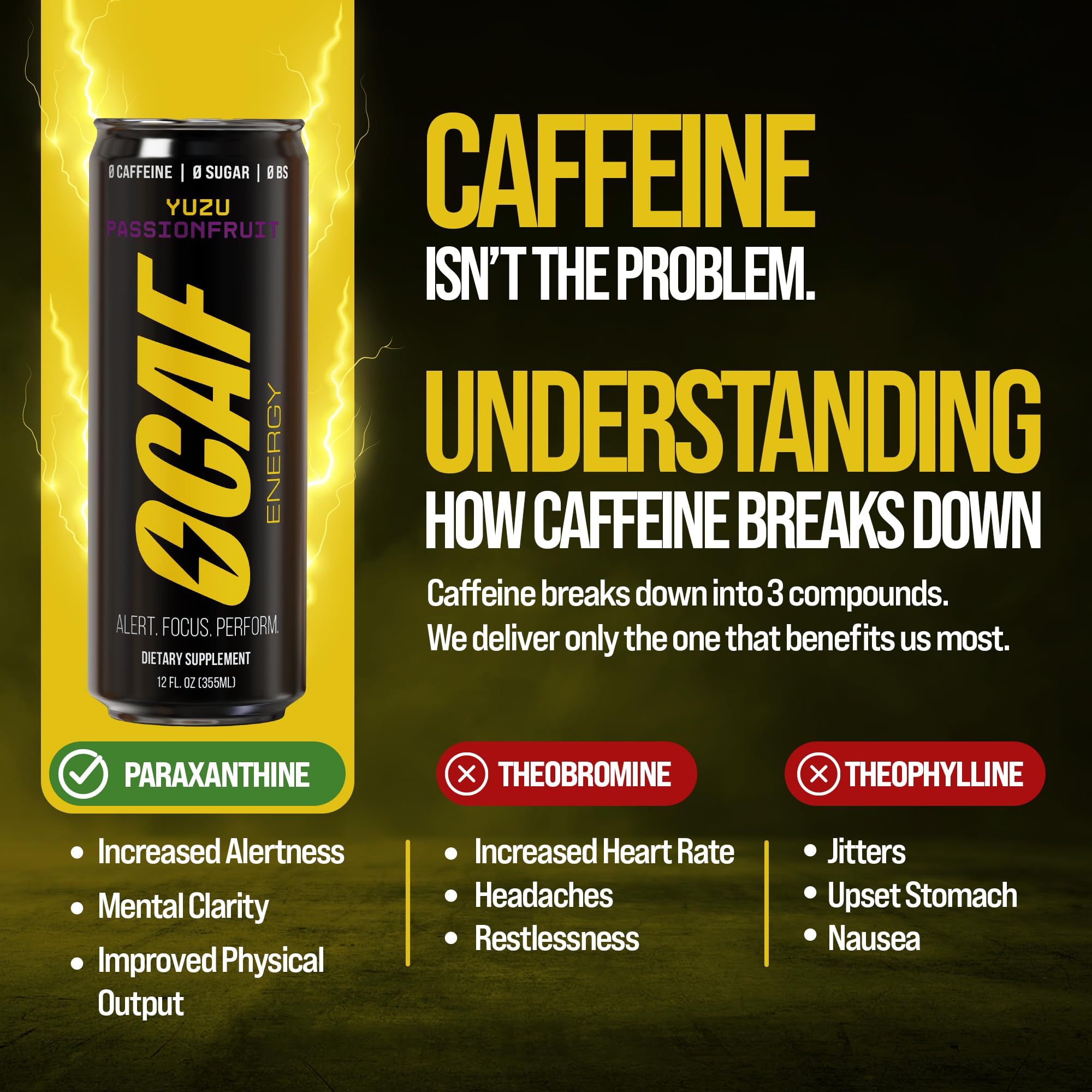 ØCAF Energy Paraxanthine Energy Drink - Caffeine Alternative, Sugar Free, Yuzu Passionfruit, Clean Focus & Alertness, No Jitters, No Crash