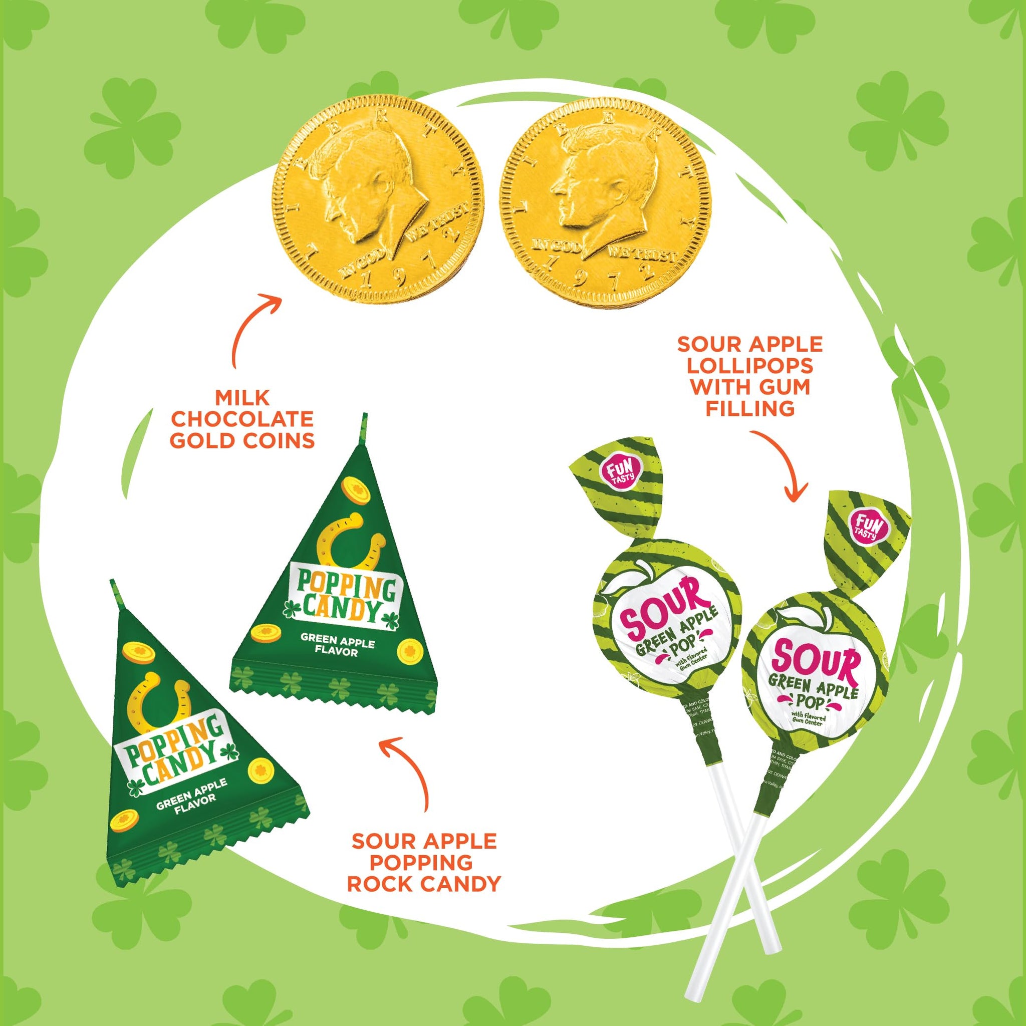 St Patrick's Day Candy Assortment - 3 Pound Bulk Pack - Milk Chocolate Gold Coins, Sour Apple Popping Rocks and Gum Filled Lollipops - Individually
