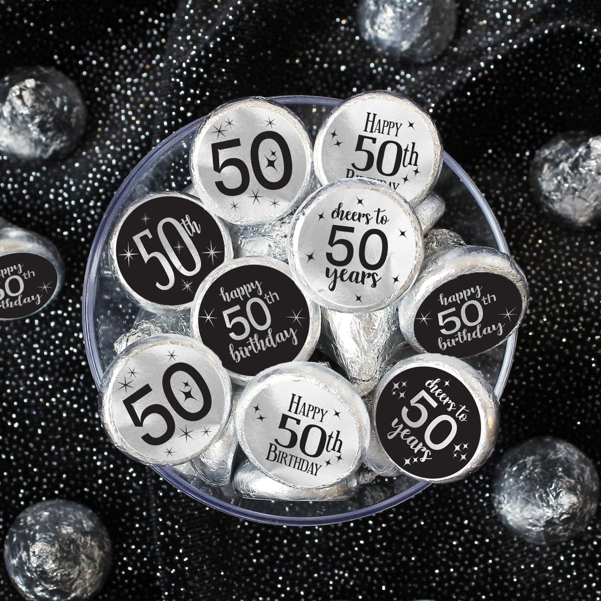 50th Birthday Candy Stickers, Black Print on Silver Foil, 180 Count