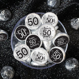 50th Birthday Candy Stickers, Black Print on Silver Foil, 180 Count