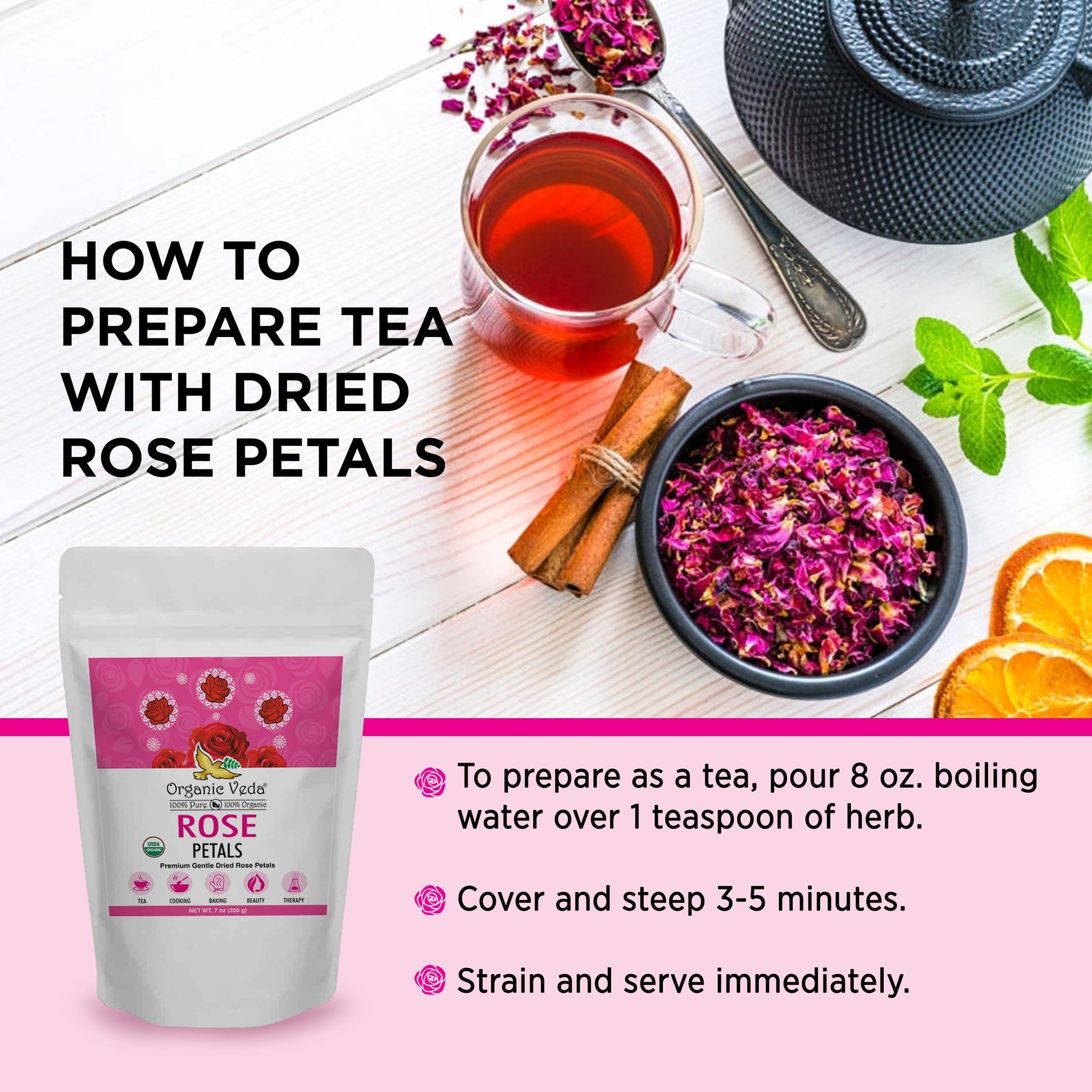 Organic Veda Dried Rose Petals, 4 oz - 100% Organic Real Edible Rose Petals - Food Grade USDA Rose Petal for Making Rose Water, Baking, Herbal Tea