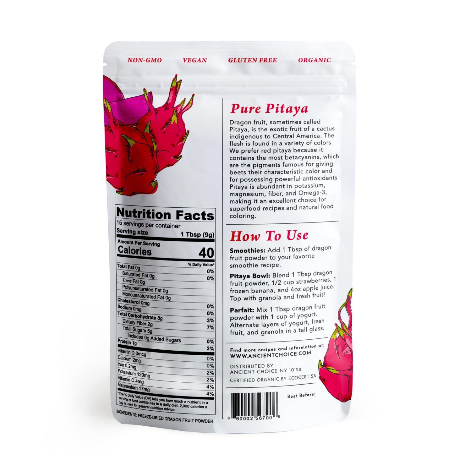 Ancient Choice - Red Dragon Fruit Powder (4 ounces) | USDA Organic Freeze Dried | Non-GMO Pitaya | Natural Food Coloring | Vegan Pink Superfood |