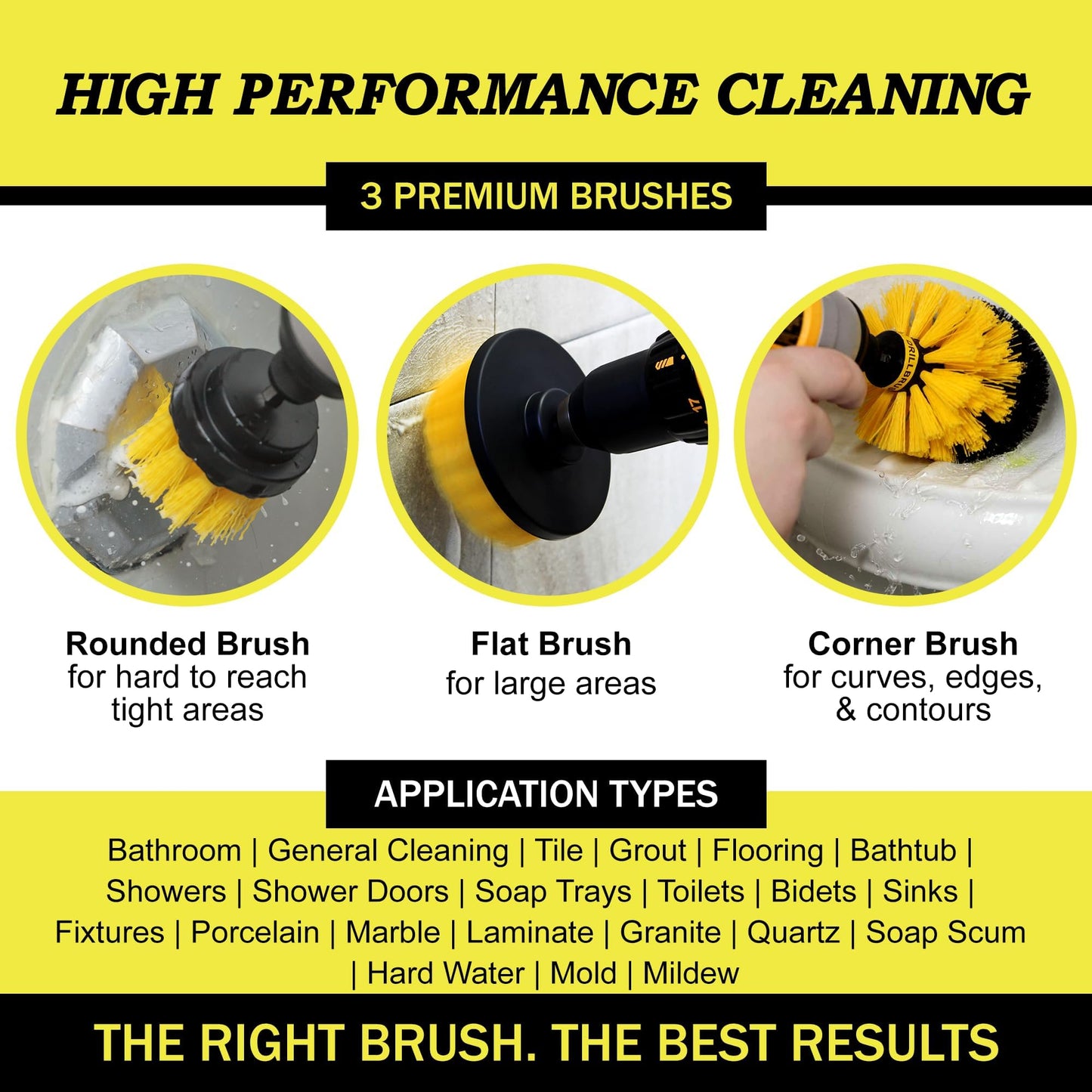 Drillbrush Drill Brush Attachment Set for Bathroom Cleaning - Power Scrubber Brush Kit for Tub, Tile, Shower, and Grout - All-Purpose Household