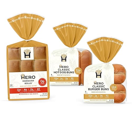 Hero Bread Party Sidekick Bundle - 0g Net Carb Hawaiian Rolls and 1g Net Carb Hamburger Buns & Hot Dog Buns | 0g Sugar, High Fiber, under 100 Calories