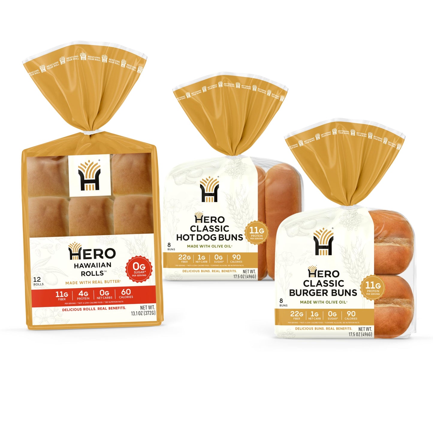 Hero Bread Party Sidekick Bundle - 0g Net Carb Hawaiian Rolls and 1g Net Carb Hamburger Buns & Hot Dog Buns | 0g Sugar, High Fiber, under 100 Calories