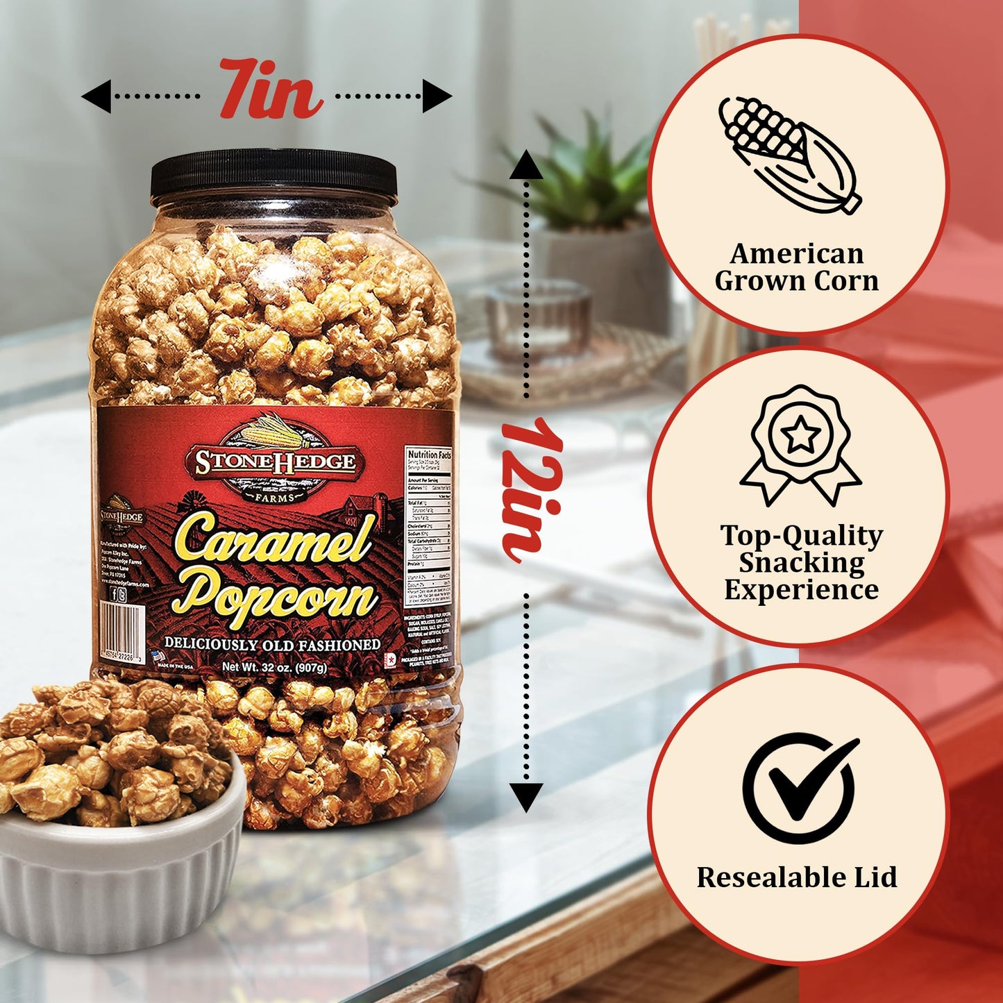 Stonehedge Farms Caramel Flavored Popcorn | 32 oz Large Tub | Perfect for Holidays and Christmas | Bulk Gourmet Popped Sweet Snacks | Carmel Pop Corn