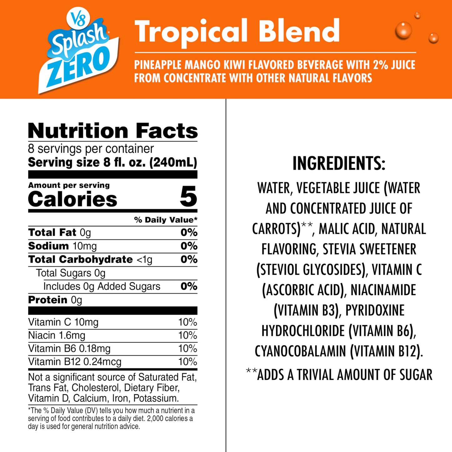 V8 Splash Zero Sugar Tropical Blend Flavored Beverage, 64 fl oz Bottle
