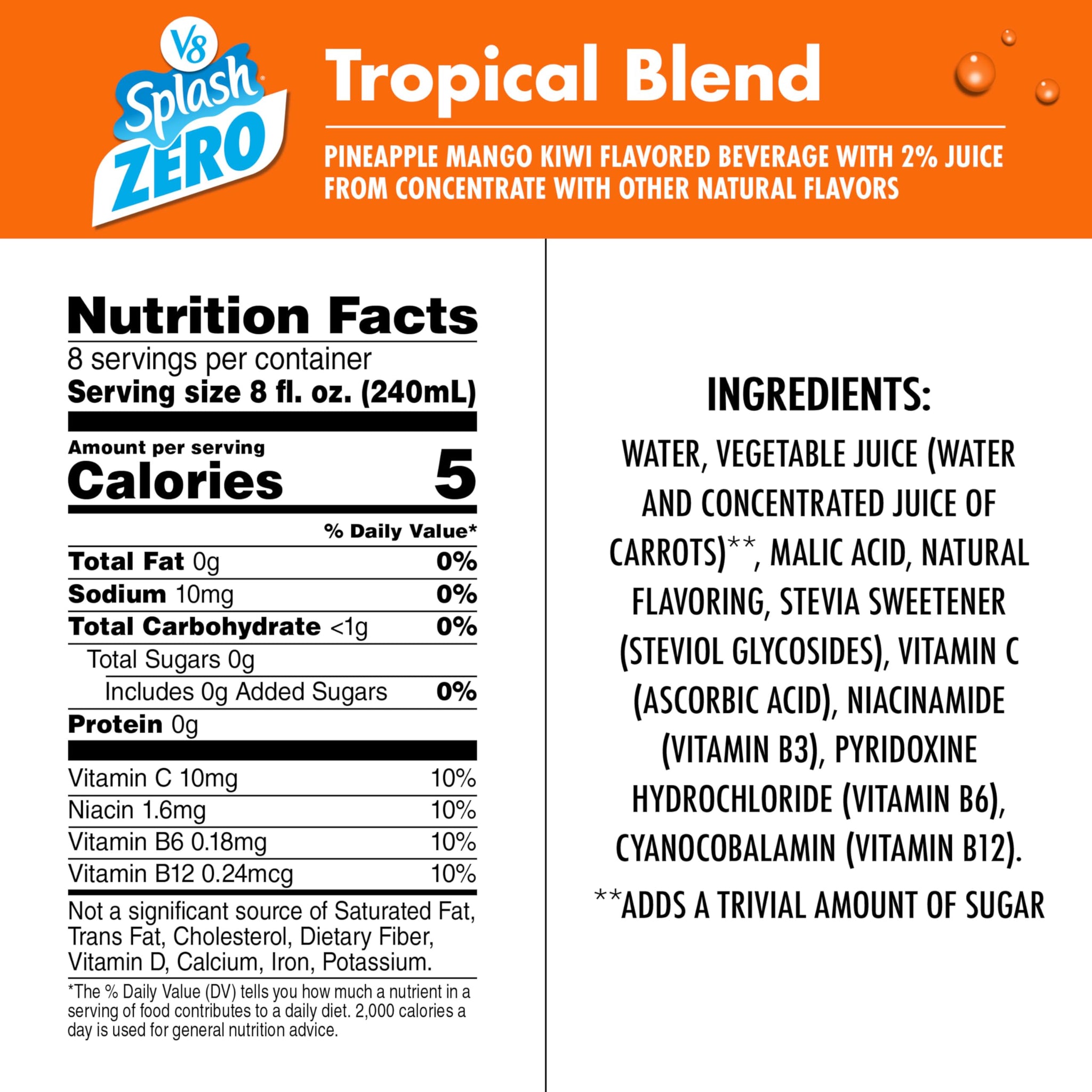V8 Splash Zero Sugar Tropical Blend Flavored Beverage, 64 fl oz Bottle