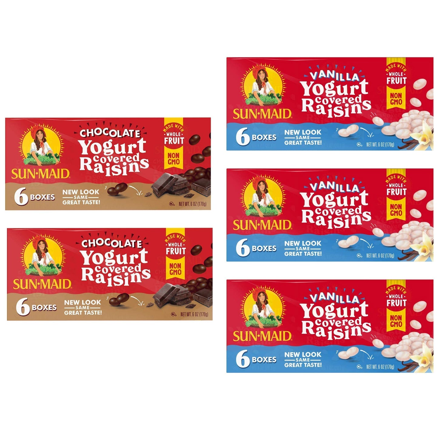 Sun-Maid • Yogurt Raisins Variety Pack (Pack Of 30), Vanilla (Pack Of 18), Chocolate (Pack Of 12), Dried Fruit, Non-GMO, Healthy Lunch Box Snack