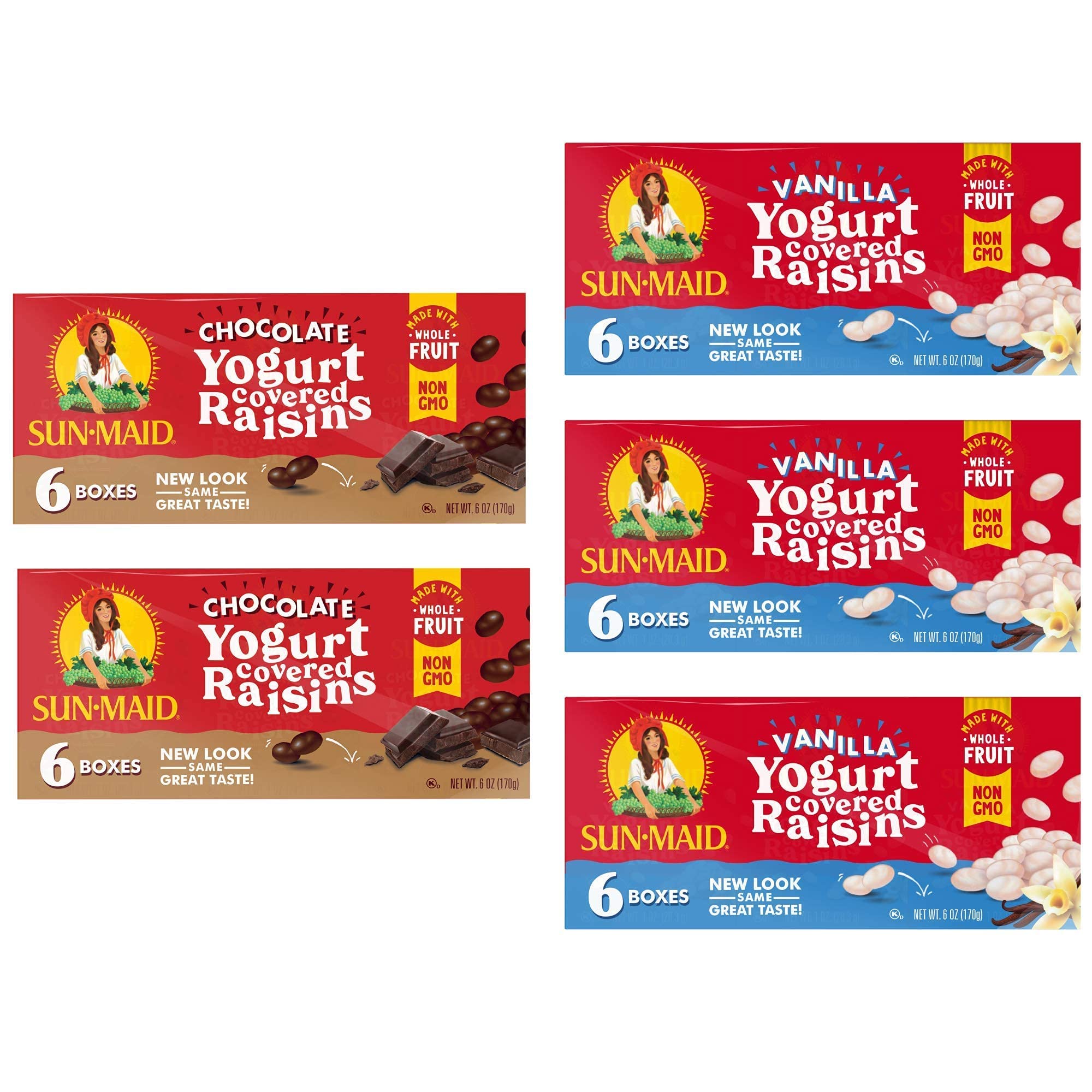 Sun-Maid • Yogurt Raisins Variety Pack (Pack Of 30), Vanilla (Pack Of 18), Chocolate (Pack Of 12), Dried Fruit, Non-GMO, Healthy Lunch Box Snack