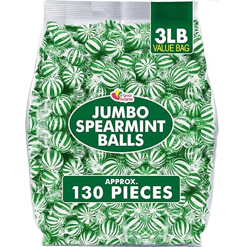 Jumbo Spearmint Mint Balls - 3 lb Bulk - Green Starlight Mints - Individually Wrapped Hard Spearmint Candy for Candy Buffets & Events