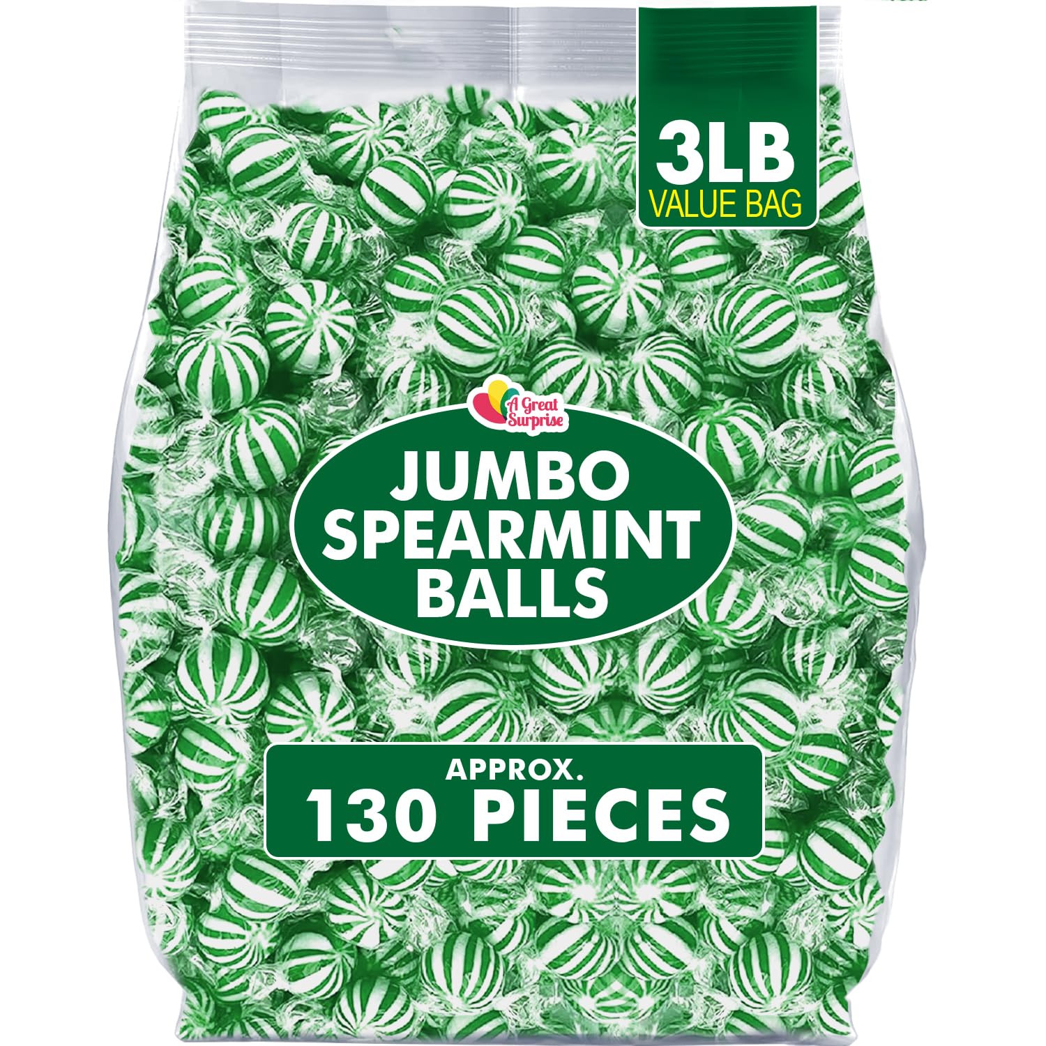 Jumbo Spearmint Mint Balls - 3 lb Bulk - Green Starlight Mints - Individually Wrapped Hard Spearmint Candy for Candy Buffets & Events