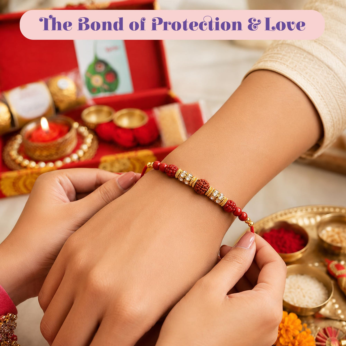 LoveNspire Brocade Raksha Bandhan Gift Hamper for Brother & Bhabhi - Includes 2 Designer Rakhis, Chocolate Pack, Candle Holder, Haldi Kumkum Holder