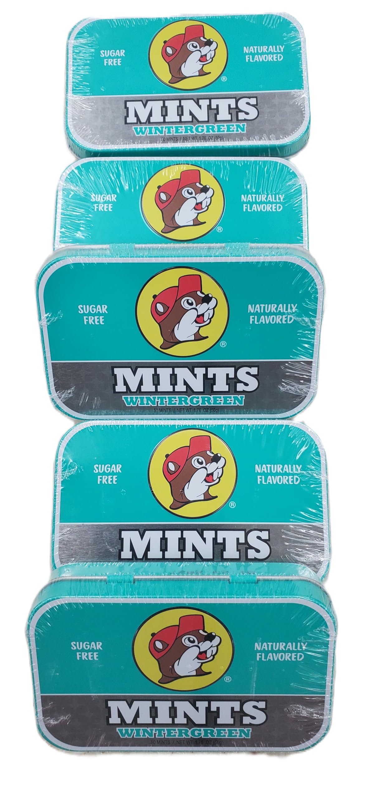 Buc-ee's 2025 Gluten Free & Sugar Free Mints - 50 mints Tin Can, Pack of 5 Non-GMO - Vegan - Soy Free - Natural Flavor (Wintergreen)