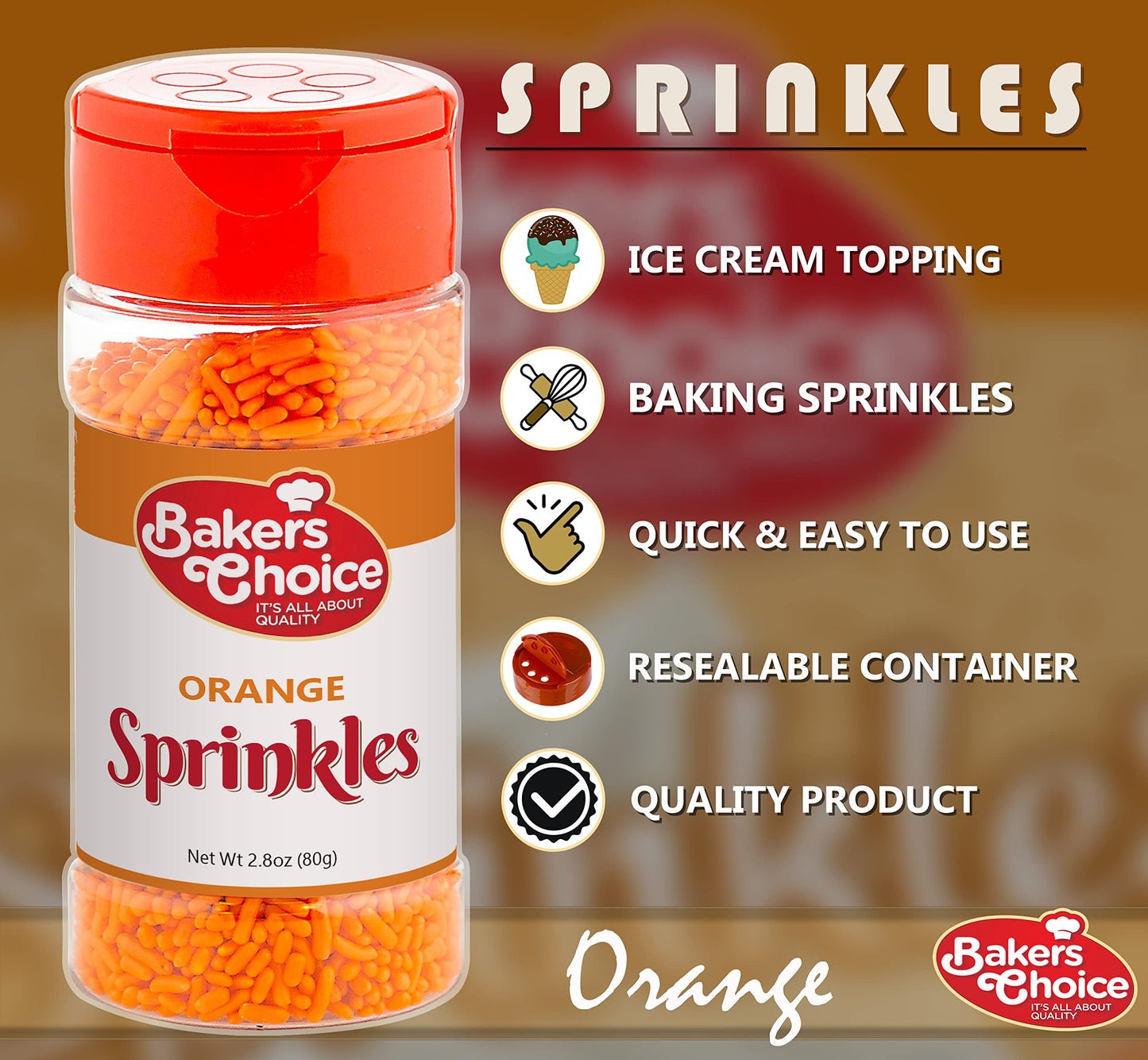 Bakers Choice Orange Sprinkles for Baking - Jimmies Sprinkles for Ice Cream Toppings - Dairy Free, Kosher 2.8 oz.