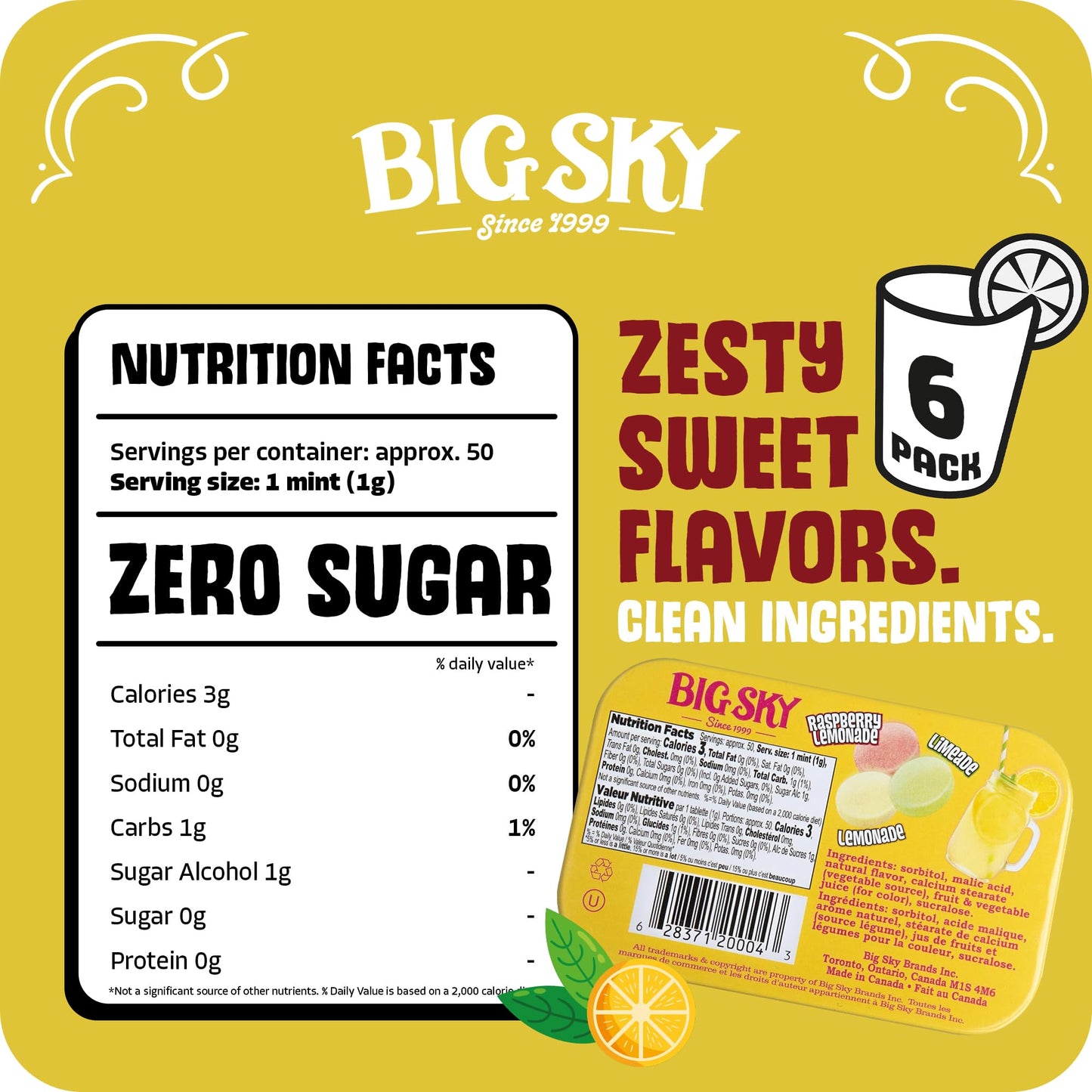 Big Sky Sugar Free Lemonade Stand Mints - 50 Count Tin (Pack of 6) | Kosher Certified, Vegan Candy | Aspartame & Gluten Free | Lemon Flavored Sugar