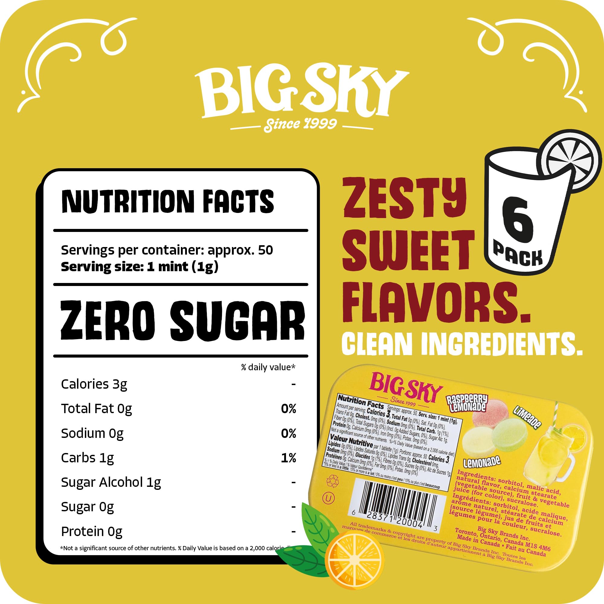 Big Sky Sugar Free Lemonade Stand Mints - 50 Count Tin (Pack of 6) | Kosher Certified, Vegan Candy | Aspartame & Gluten Free | Lemon Flavored Sugar