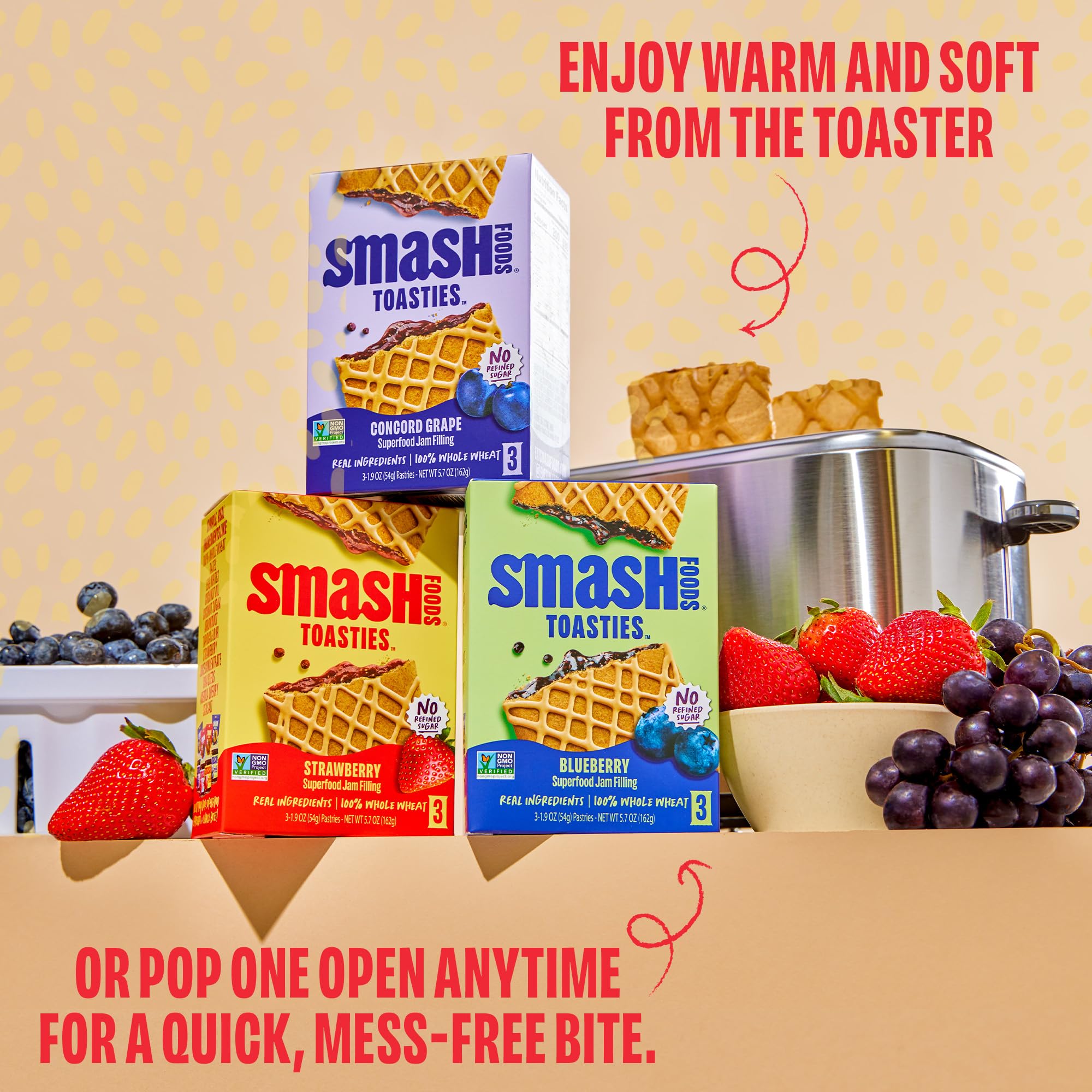Smash Foods Toasties Variety 3 Pack - Healthy Whole Wheat Toaster Pastries Strawberry, Blueberry, Grape - No Refined Sugar, Real Fruit Filling - 9