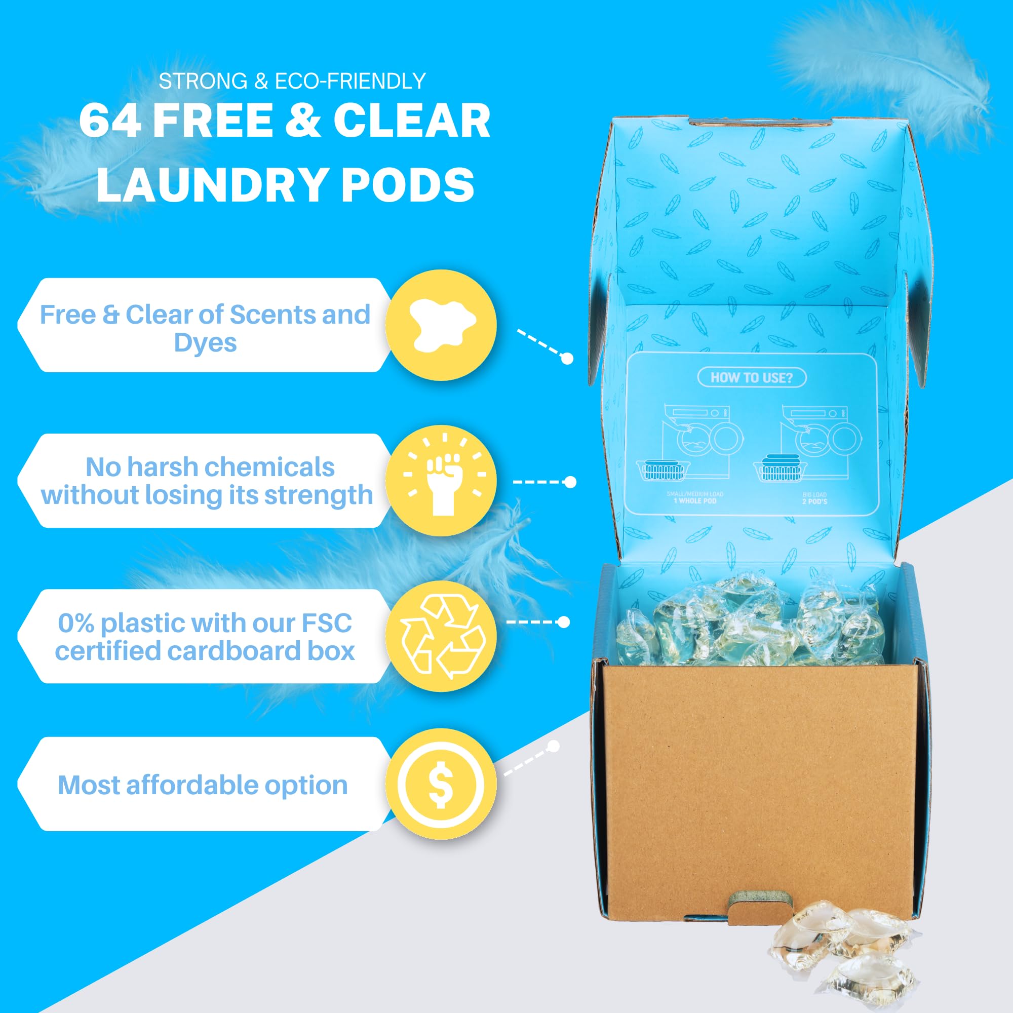 Laundry Detergent Pods Free & Clear, Unscented, 64 Count, Eco Friendly, Biodegradable, HE Compatible, Powerful Stain & Odor Removal