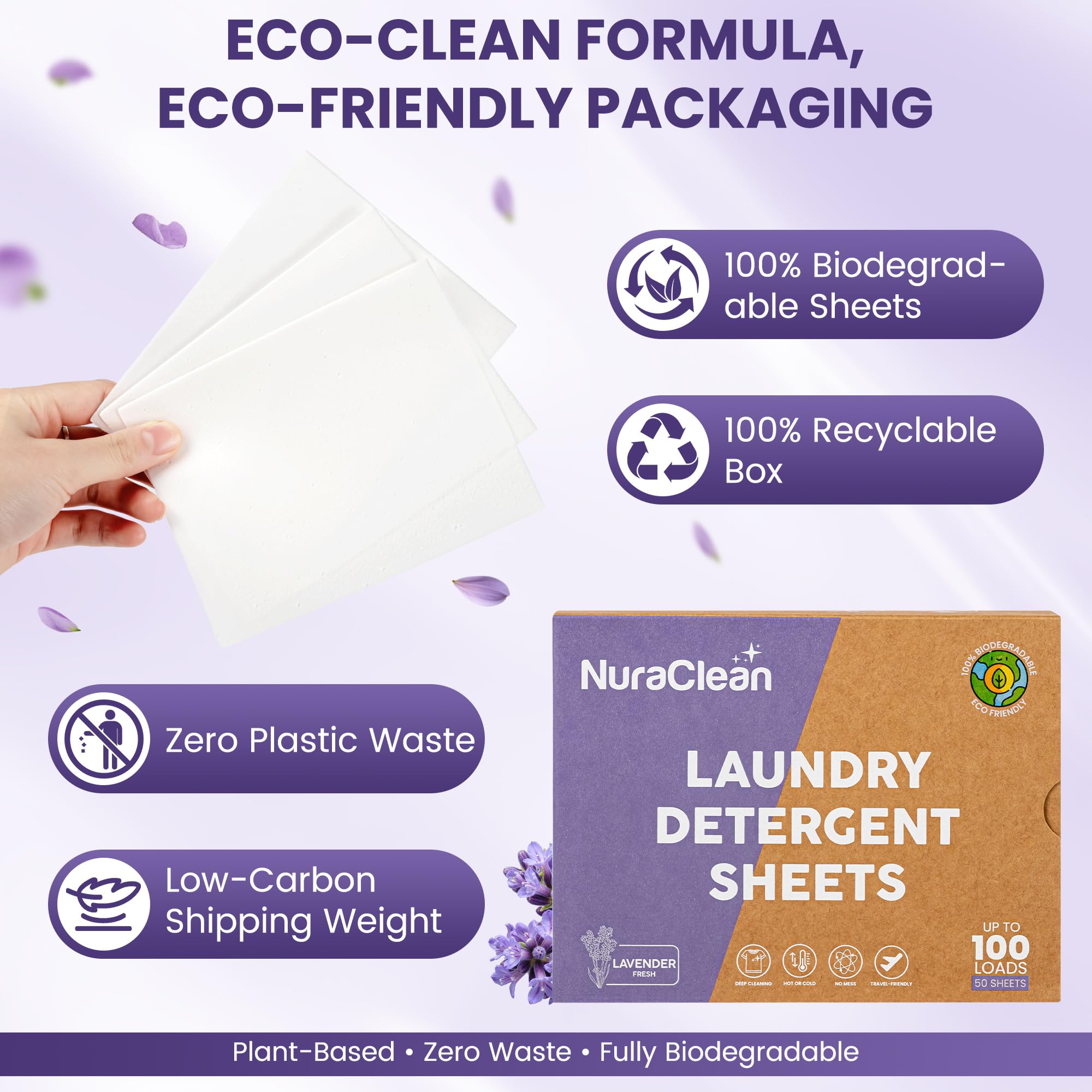 NuraClean Laundry Detergent Sheets, Lavender Fresh - 50 Sheets (Up to 100 Loads), Powerful Clean, HE Compatible, Hypoallergenic, Plastic-Free