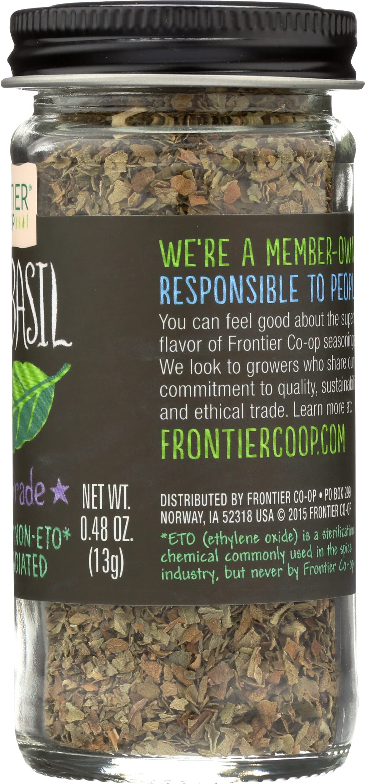Frontier Sweet Basil Leaf, 0.48 Ounce Bottle, Cut & Sifted, Warm Mild Flavor is Great with Vegetables Dressings, Soup & More