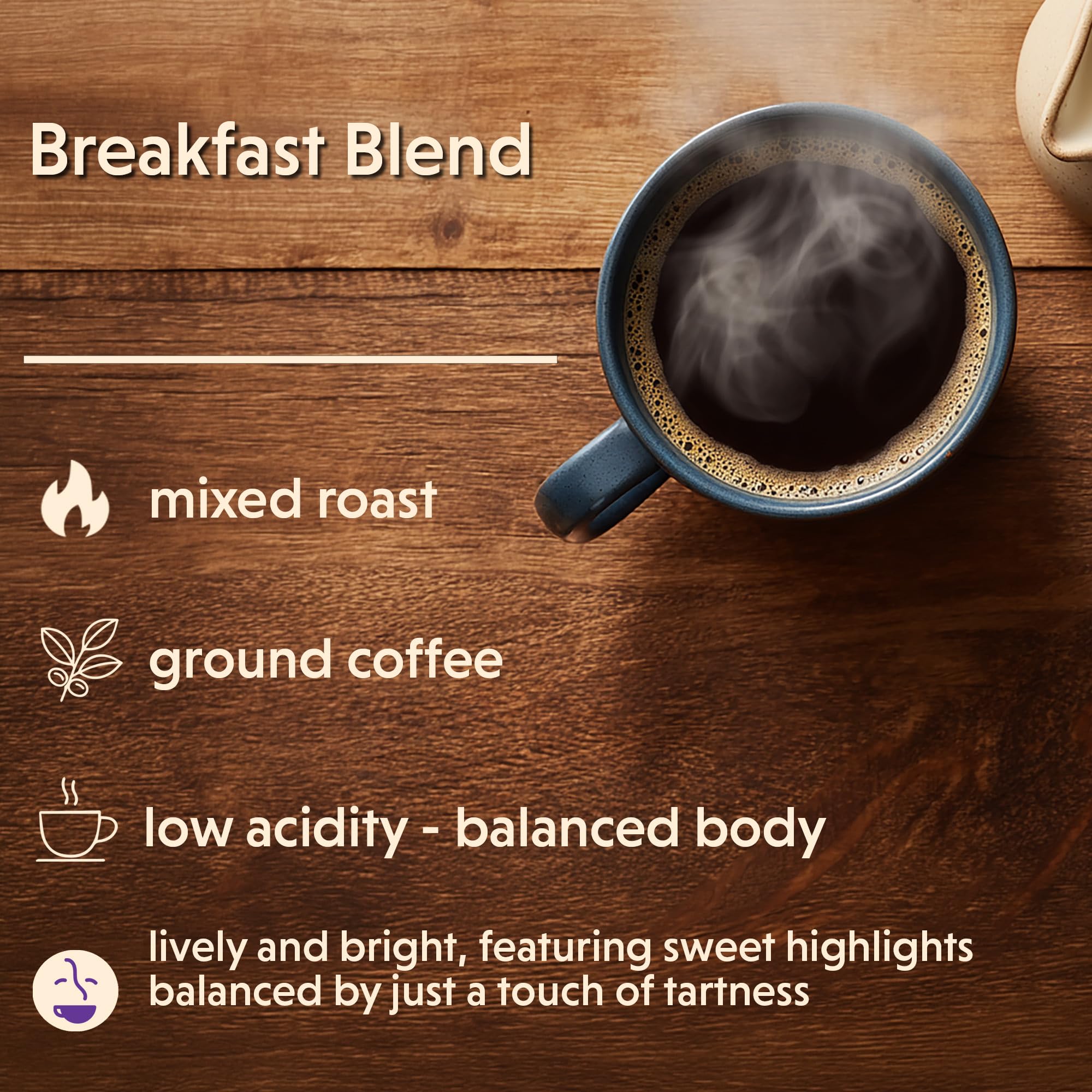 Coffee Bean Direct Breakfast Blend, Ground Coffee, Mild and Mellow, Mixed Roast Level, 5 Pound Bag (Pack of 1)