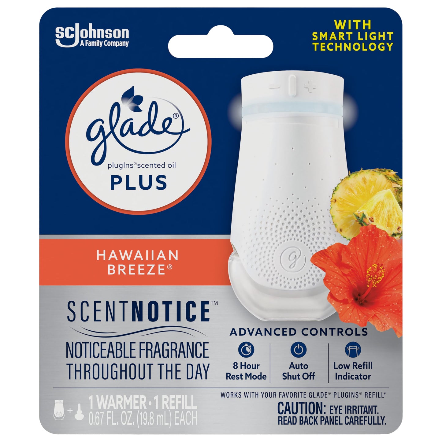 Glade PlugIn Plus Air Freshener Starter Kit, Scented Oil for Home and Bathroom, Hawaiian Breeze, 0.67 Fl Oz, 1 Warmer + 1 Refill