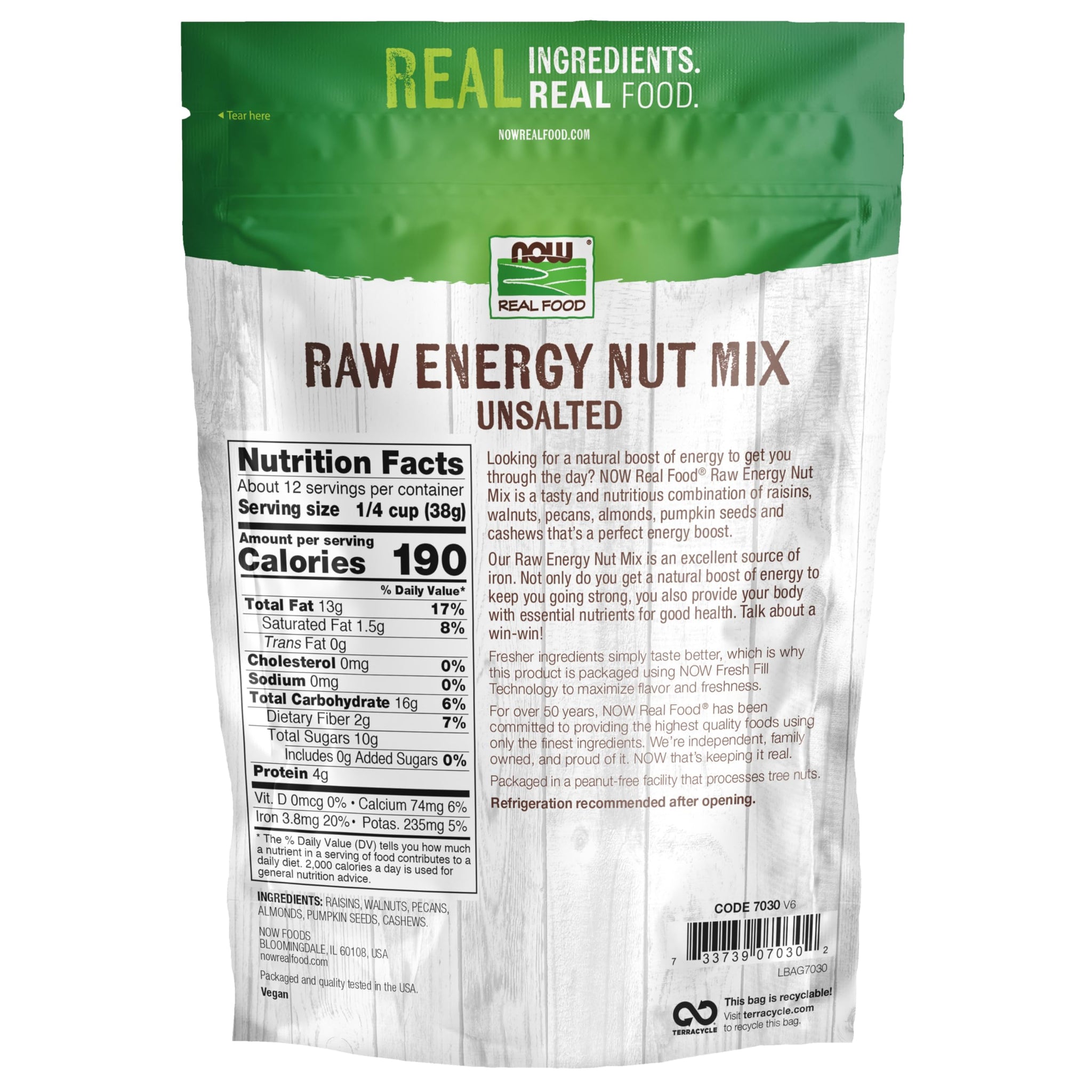 NOW Foods, Raw Energy Nut Mix, Unsalted Mix of Raisins, Walnuts, Peacans, Almonds, Pumpkin Seeds and Cashews, Great-Tasting, Source of Iron, 16-Ounce