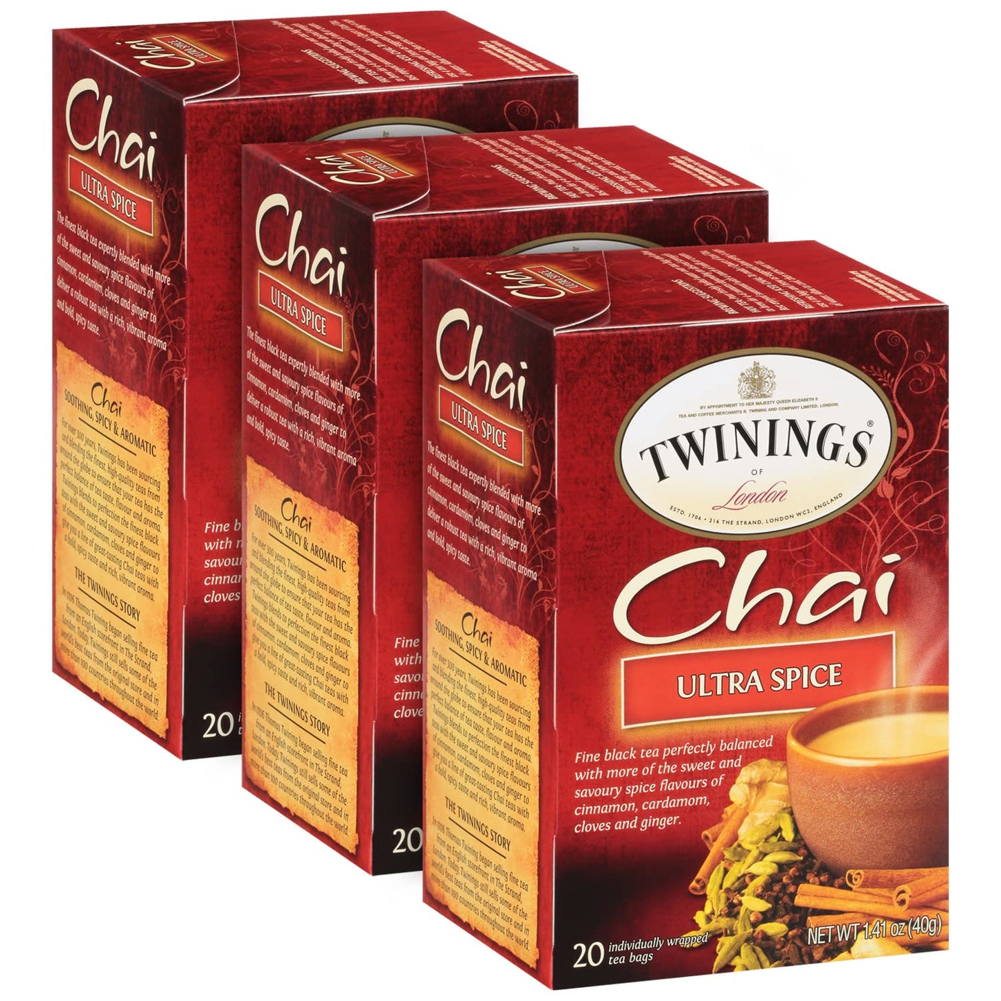 Twinings Ultra Spice Chai Tea Bags - Individually Wrapped, Black Tea with Cinnamon, Ginger, Cardamon & Clove, Clover Honey Stick Included, 20 Count