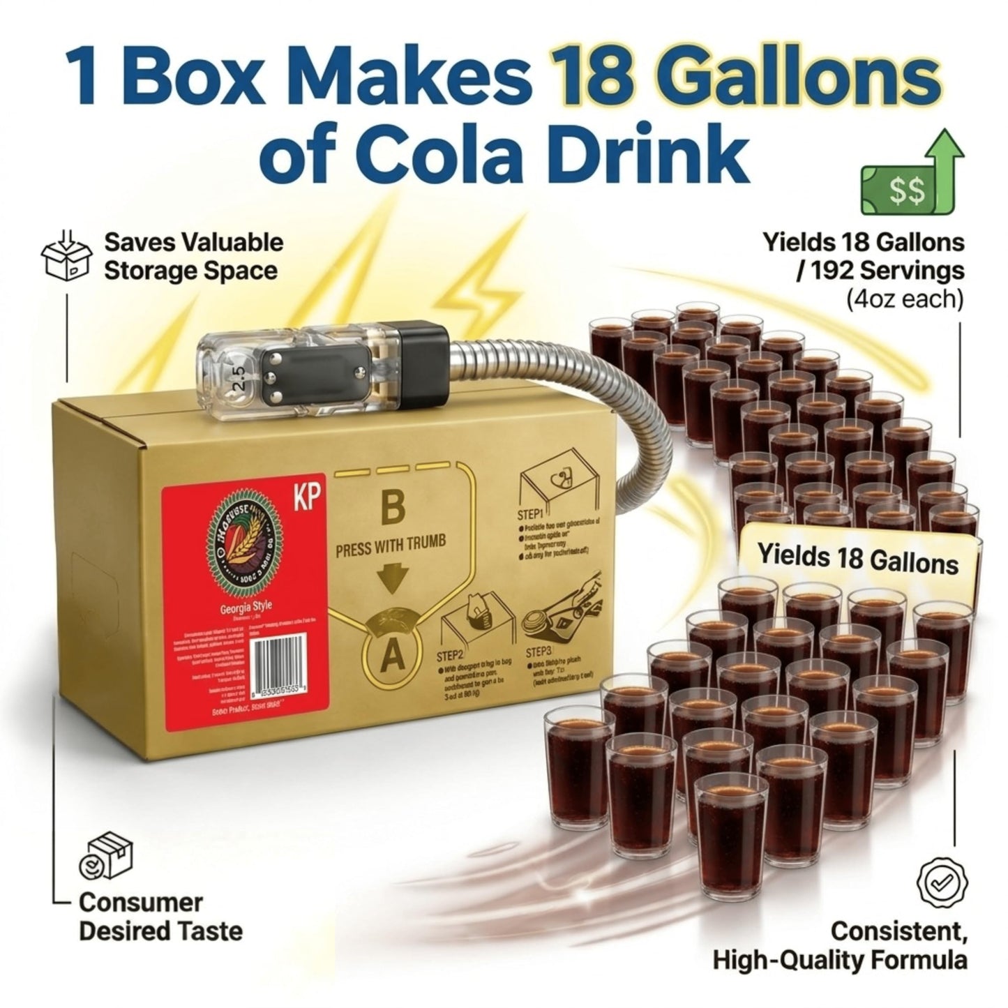 Bar Beverages Georgia Style Craft Cola (3 Gallon Bag-in-Box Syrup Concentrate) - Box Pours 18 Gallons of Cola - Use with Bar Gun, Soda Fountain or