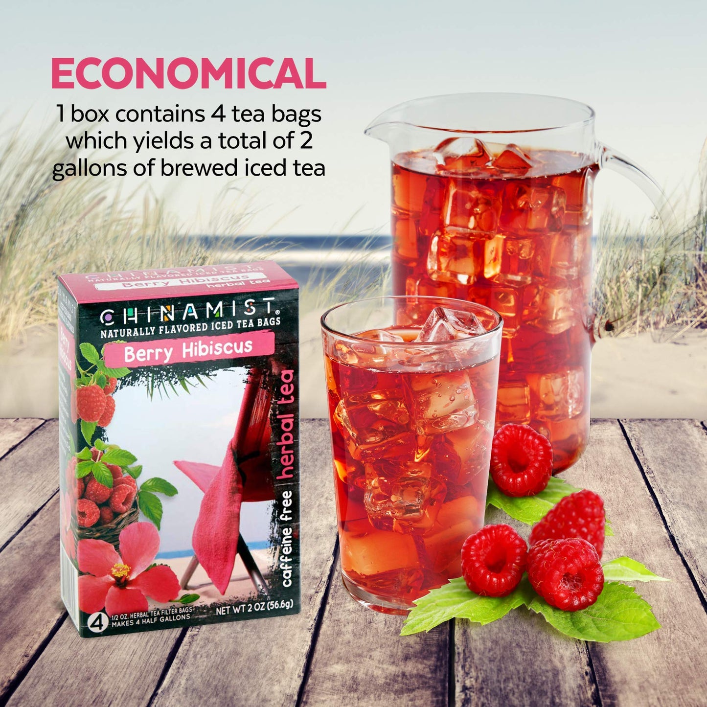 China Mist Iced Tea - Berry Hibiscus Herbal Tea Infusion - Refreshing and Delicious - Each Tea Bag Yields 1/2 Gallon - 4 bags.