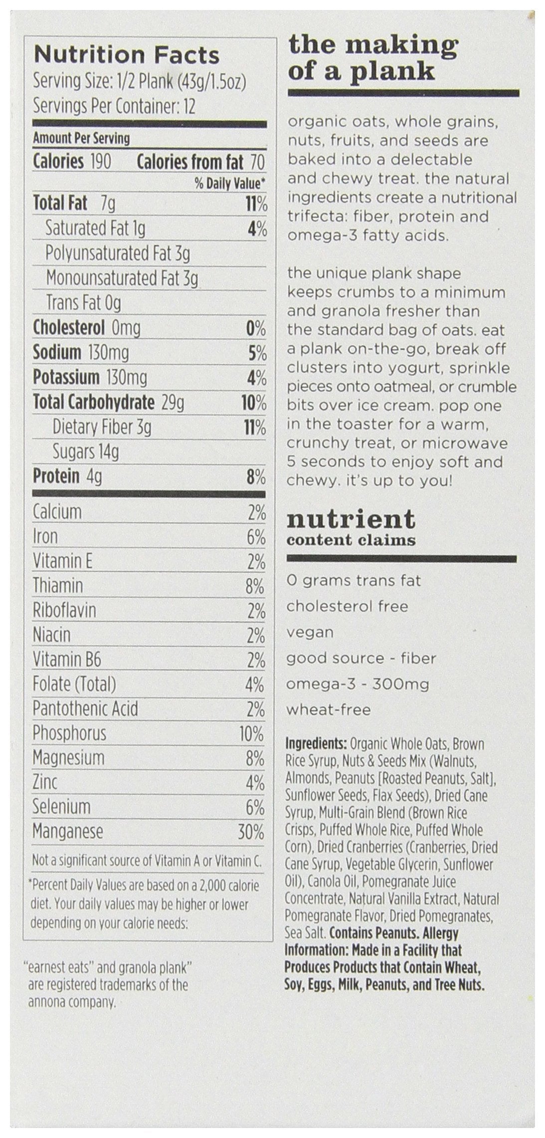 Earnest Eats Vegan Granola Planks High in Fiber, Omega-3s and Protein - Pomegranate Walnut Crisp - (Case of 6 - 3oz)