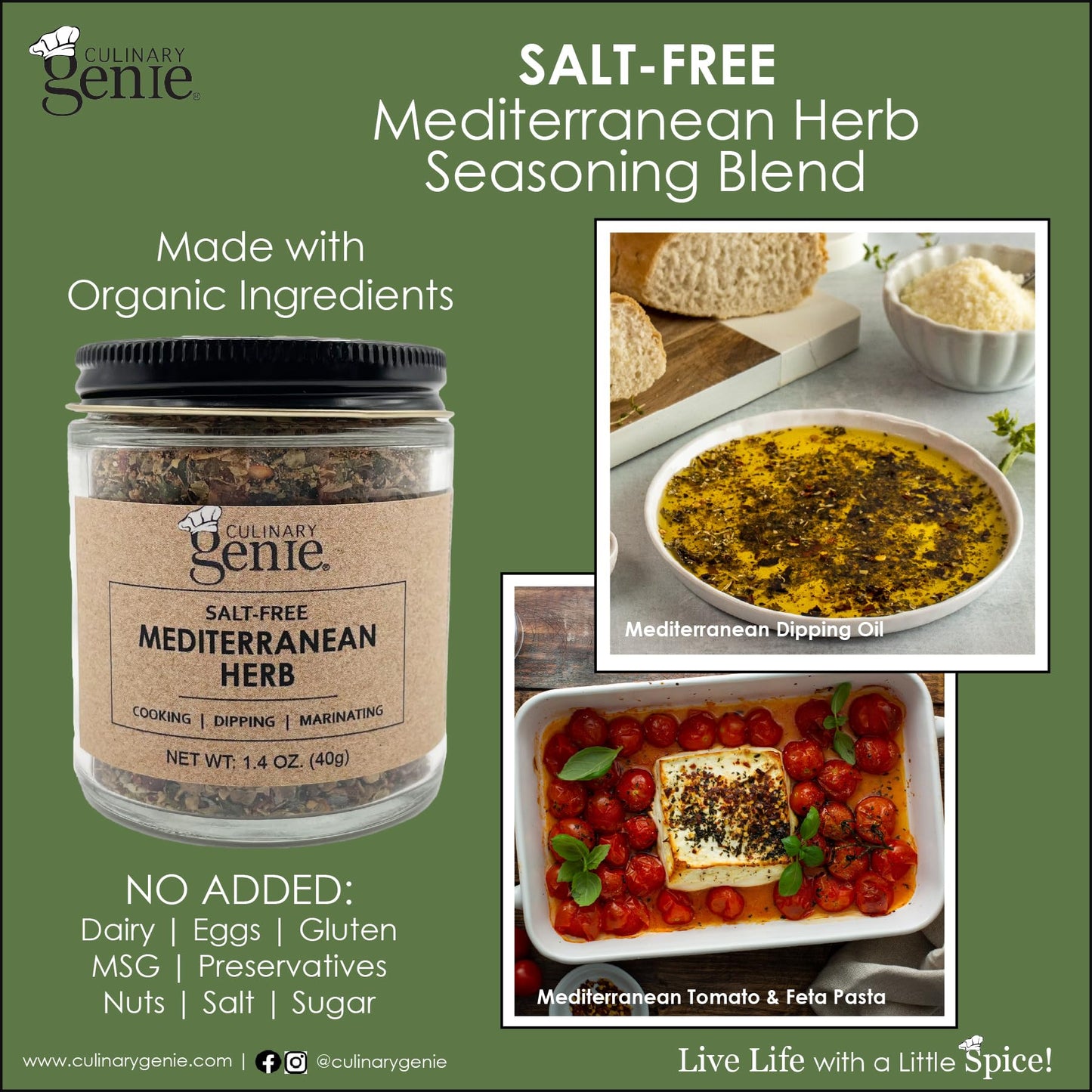 Culinary Genie Salt-Free Mediterranean Herb Seasoning Blend - Olive Oil Bread Dipping & All-Purpose Herb Blend, No Salt Added