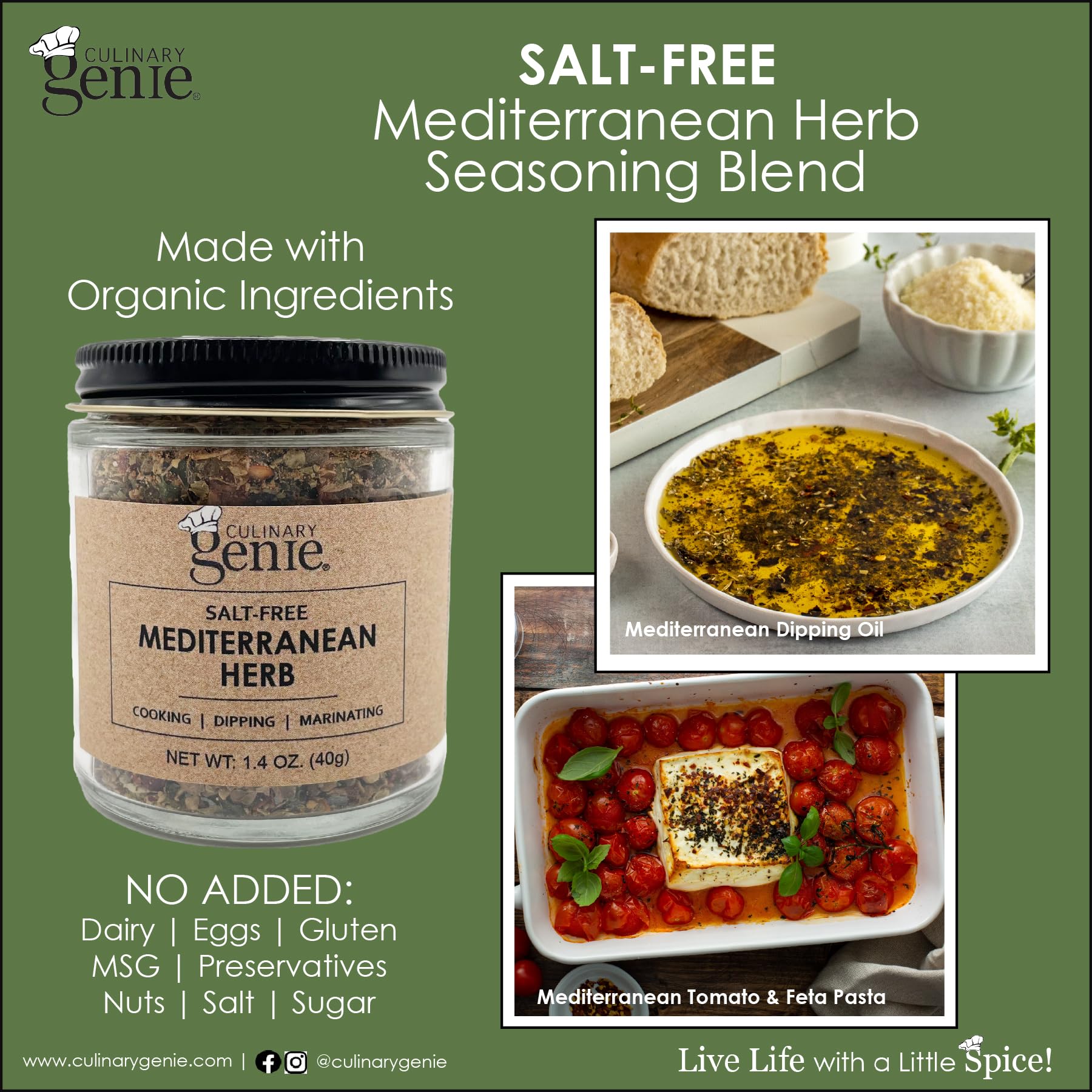 Culinary Genie Salt-Free Mediterranean Herb Seasoning Blend - Olive Oil Bread Dipping & All-Purpose Herb Blend, No Salt Added
