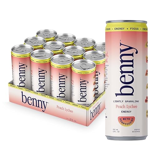 Benny Peach Lychee Sparkling Clean Energy Drink | 80mg Natural Caffeine Yerba Mate | Lion's Mane & Ginseng | 1g Sugar, 5 Calories | No Artificial
