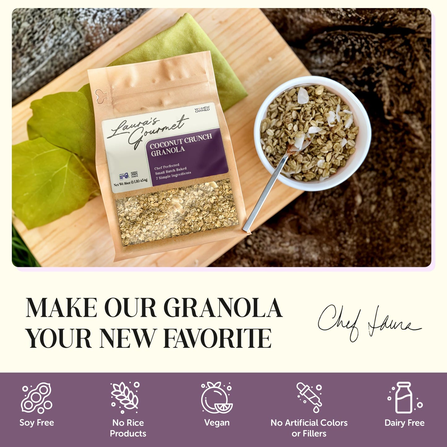 Laura's Gourmet Granola - Coconut Crunch - Gluten, Soy & Dairy Free - Organic Agave, Crunchy Coconut Chip, Organic Oil, Vegan, Chef's Trifecta