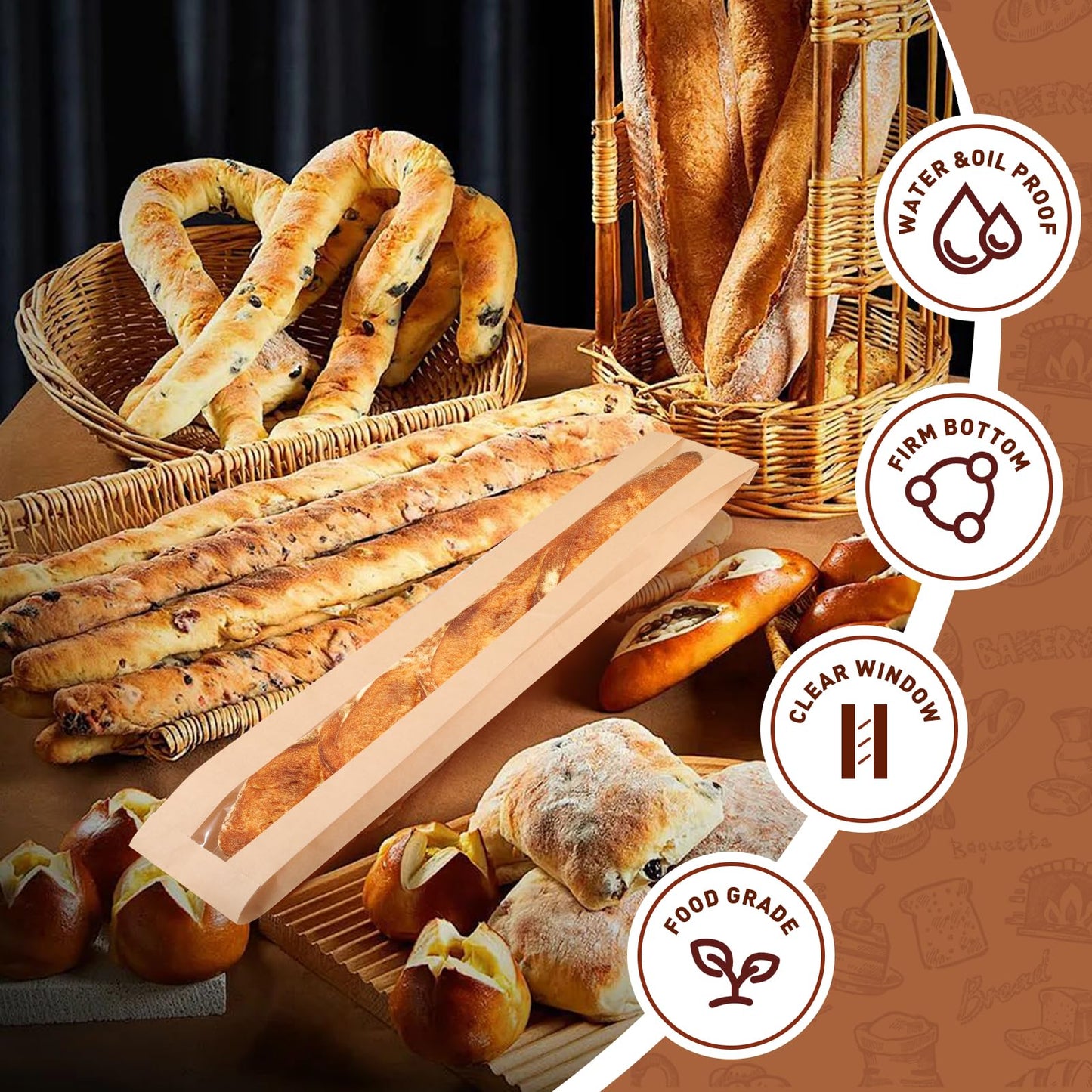 Bakbania 50 Pack Baguette Bags with Stickers Paper Bread Loaf Packing Bags with Window for Homemade Bread