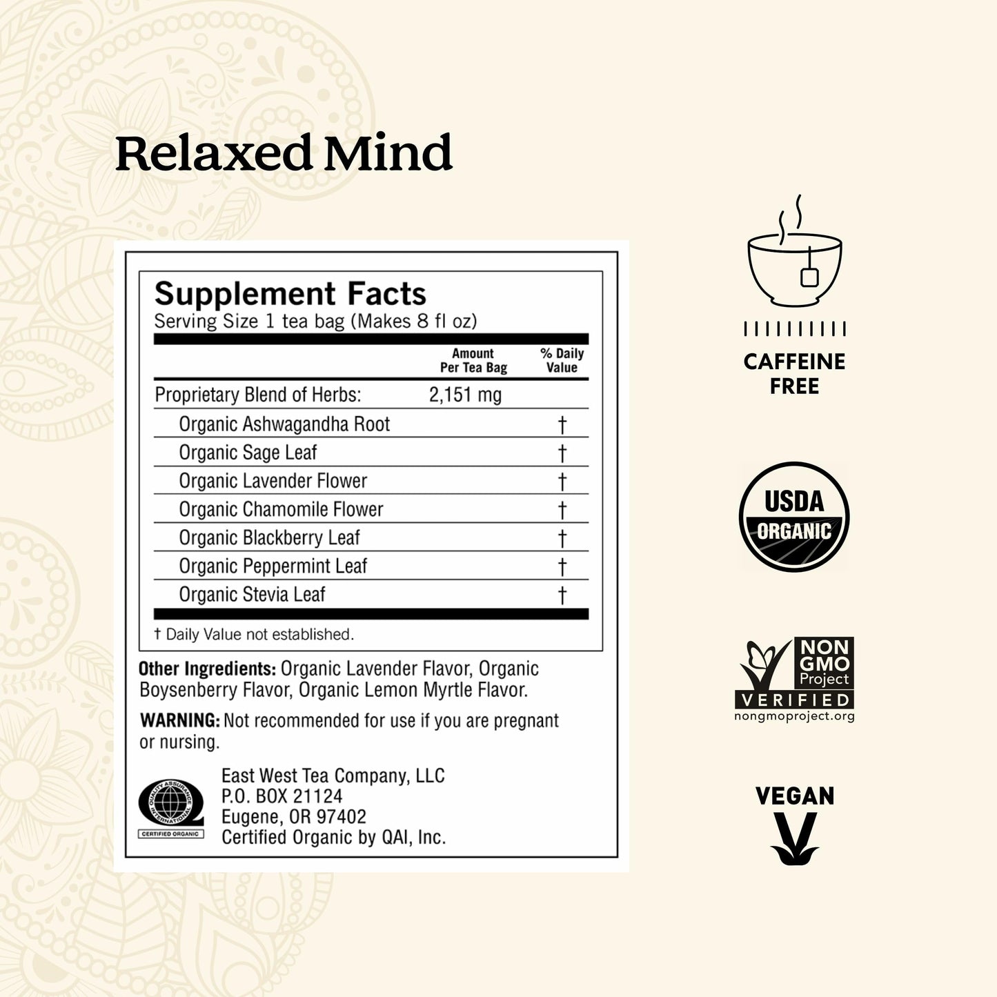 Yogi Tea - Relaxed Mind (6 Pack) - Supports Tranquility - Calming Tea with Gotu Kola and Lavender - Caffeine Free - 96 Organic Herbal Tea Bags