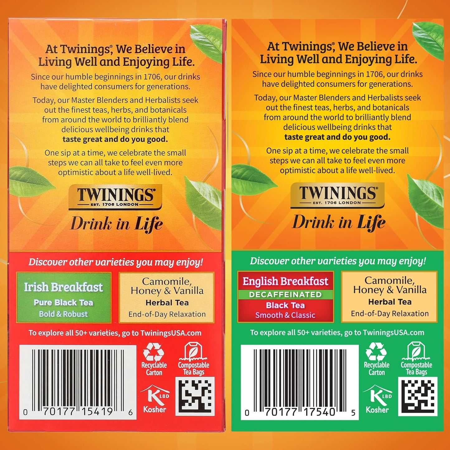 Twinings Tea Variety 2-Pack - English Breakfast, Caffeinated + Irish Breakfast, Decaffeinated, Black Tea Bags, Individually Wrapped, 20 Count Each