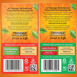 Twinings Tea Variety 2-Pack - English Breakfast, Caffeinated + Irish Breakfast, Decaffeinated, Black Tea Bags, Individually Wrapped, 20 Count Each