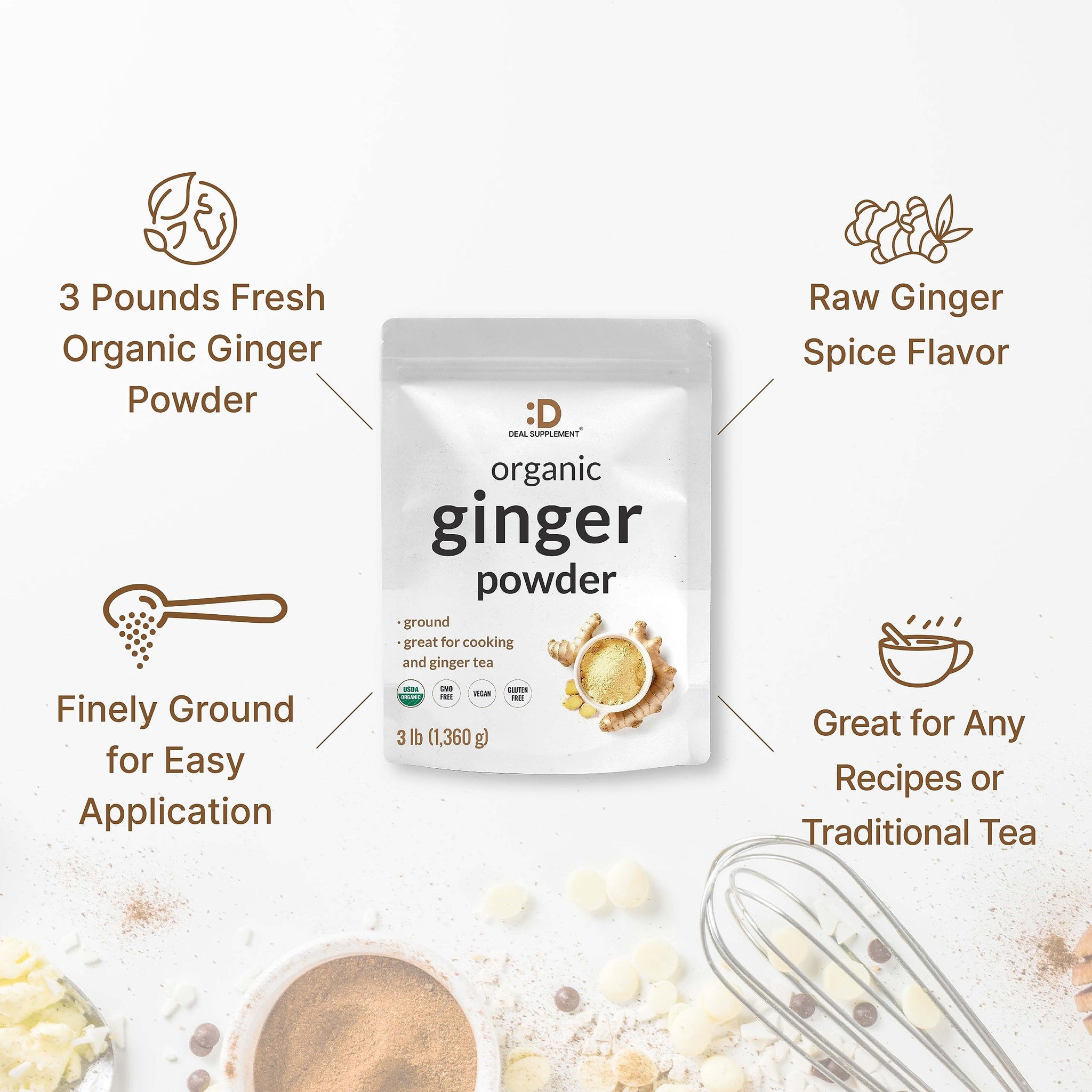 DEAL SUPPLEMENT Organic Fresh Ginger Powder, 3lbs - Finely Ground for Easy Mixing, Raw Ginger Spice Flavor, Indian Origin - Great for Chews, Tea