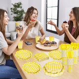 Houuqe 400 Pcs Gingham Party Supplies for 50 Guests Easter Party Yellow and White Scalloped Paper Plates and Napkins Knives Spoon Fork Cup Disposable