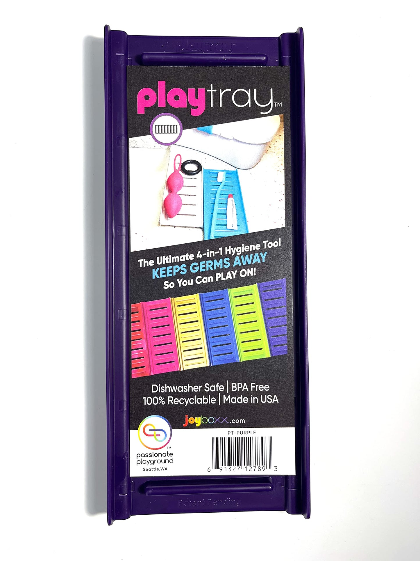 Playtray® with Joybuff™ Silicone Scrubber Brush | 4-in-1 Hygiene Tool Keeps Germs Off Furniture and Products | Portable Wash Dry Rack (Purple)