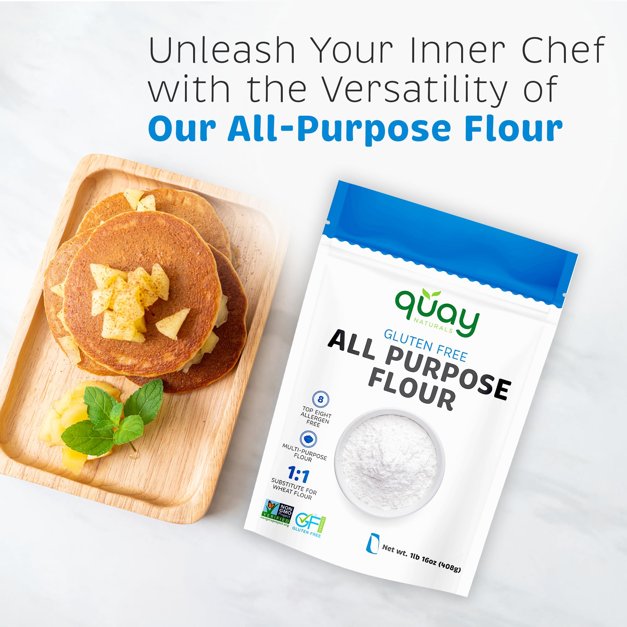 Quay Naturals Organic Gluten Free All Purpose Baking Flour - 2 lbs, No Grit, 1:1 Wheat Substitution, Dairy Free, Non-GMO, Kosher, Made in USA