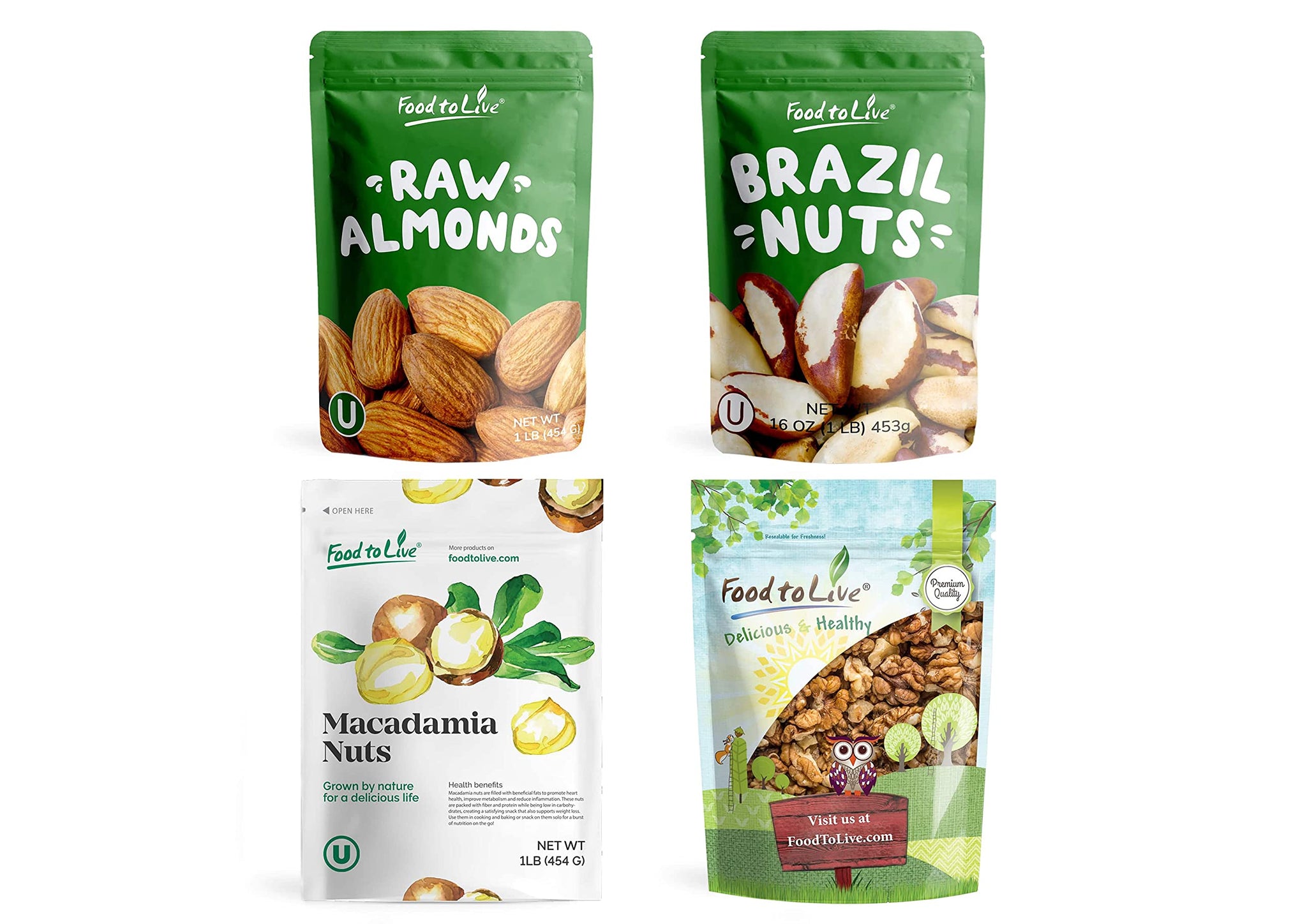 Food to Live Raw Nuts in a Gift Box - Walnuts, Almonds, Brazil Nuts, and Macadamia Nuts